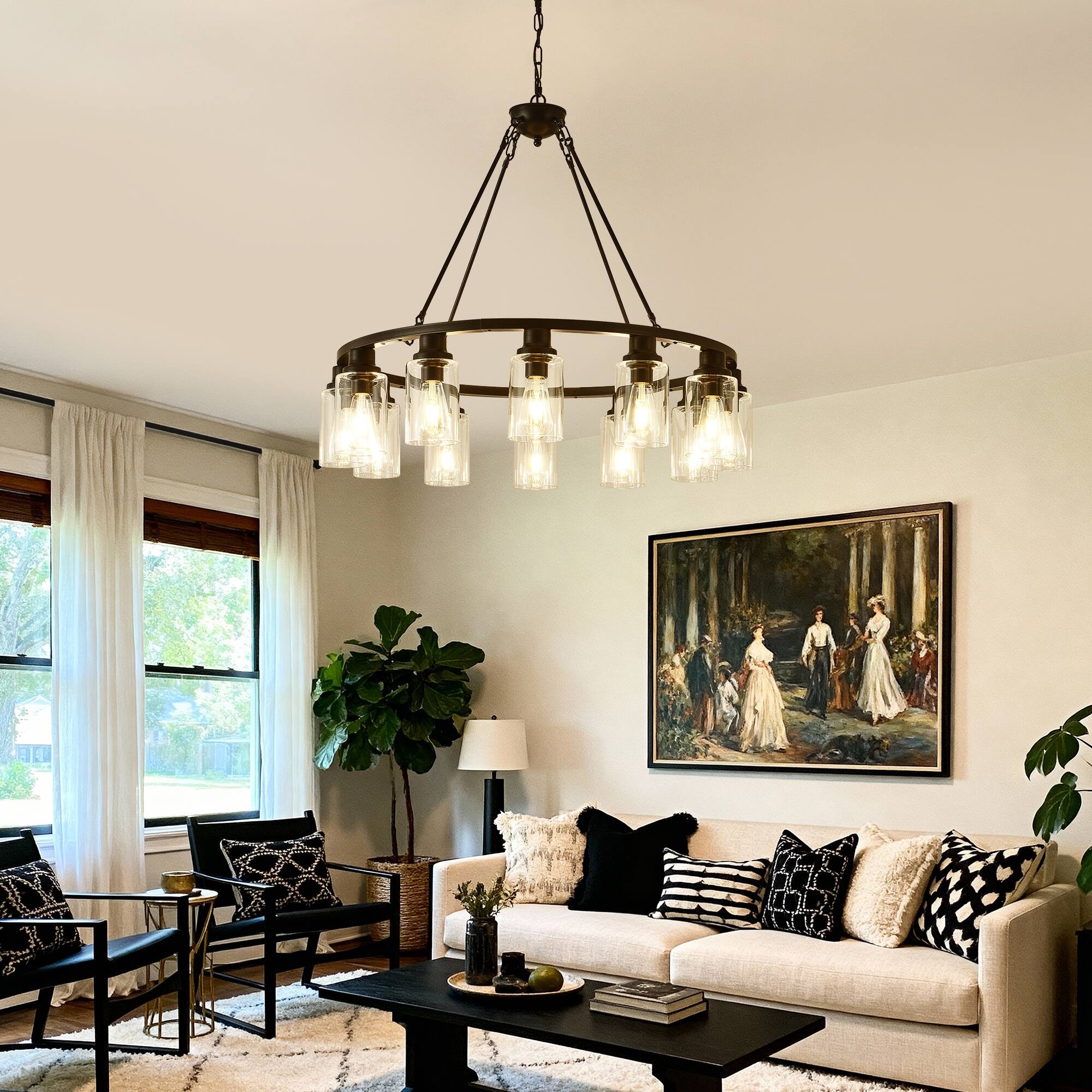 Alt View 3. Boyel Living - Black Wagon Wheel Chandelier 31.5 Inch Modern Farmhouse Glass Pendant Light 12 Light Ceiling Hanging Lighting Fixtures.