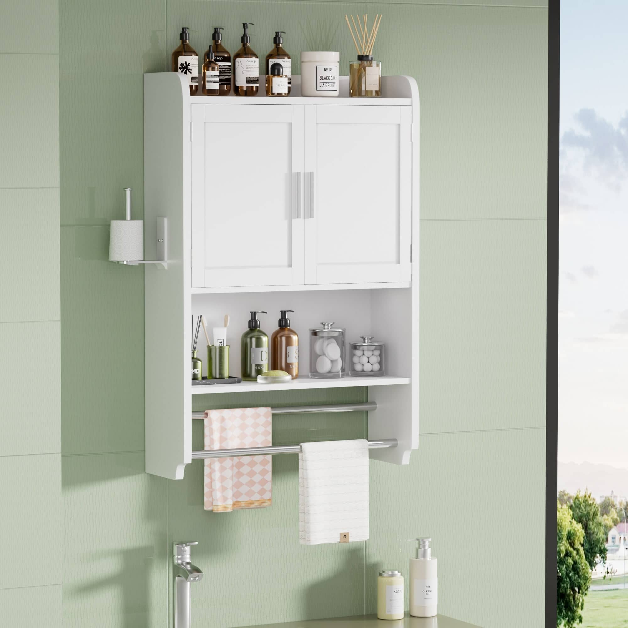 Vecelo - Bathroom Wall Cabinet with Storage Shelves and Towel Bar,MDF Medicine Cabinet for Small Bathrooms,Space-Saving Organizer - White