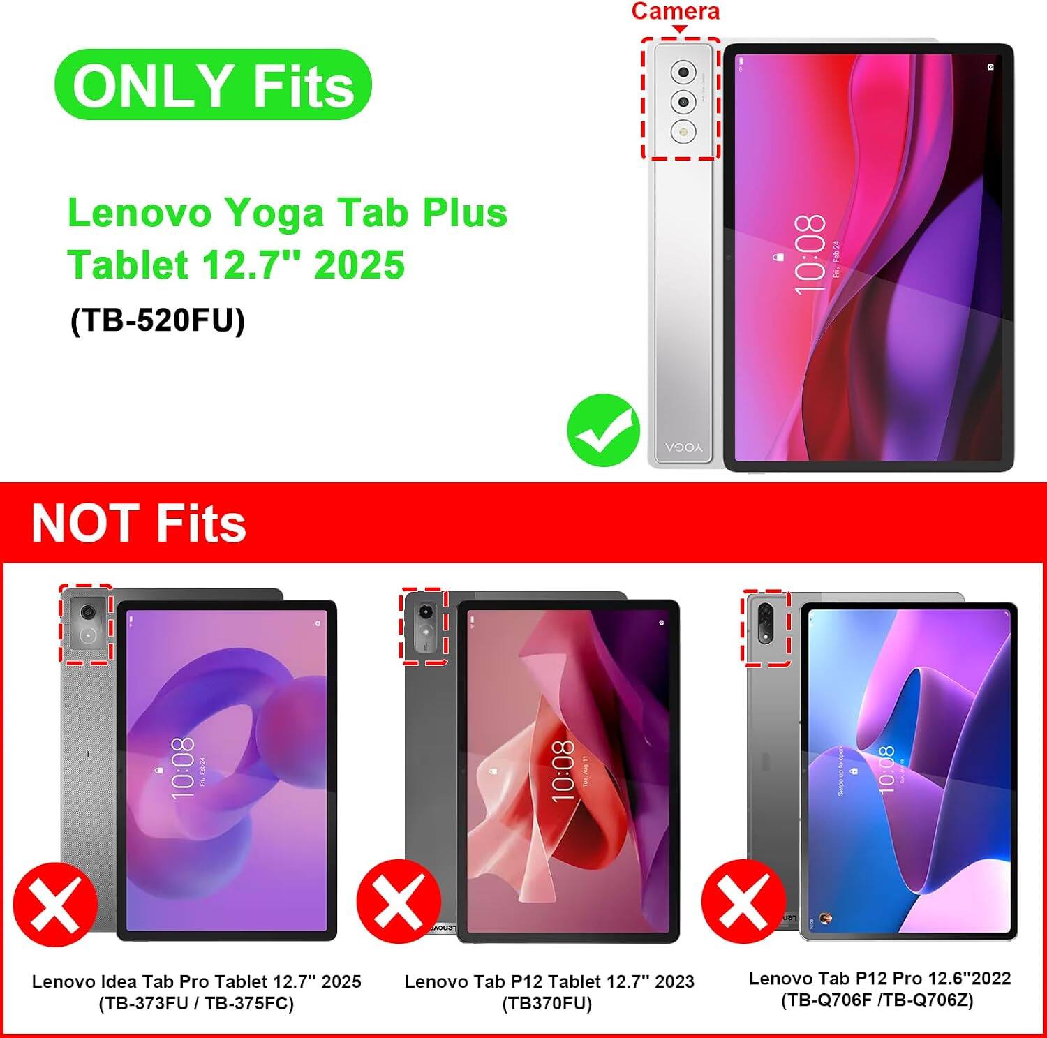 Camera  
ONLY Fits  
Lenovo Yoga Tab Plus Tablet 12.7" 2025 (TB-520FU)  

NOT Fits  
Lenovo Idea Tab Pro Tablet 12.7" 2025 (TB-373FU / TB-375FC)  
Lenovo Tab P12 Tablet 12.7" 2023 (TB-370FU)  
Lenovo Tab P12 Pro 12.6" 2022 (TB-Q706F / TB-Q706Z)