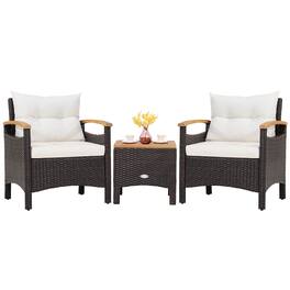 Costway - 3PCS Patio Rattan Furniture Set Wooden Armrest Table Top Cushioned Deck - Mix Brown,Off White