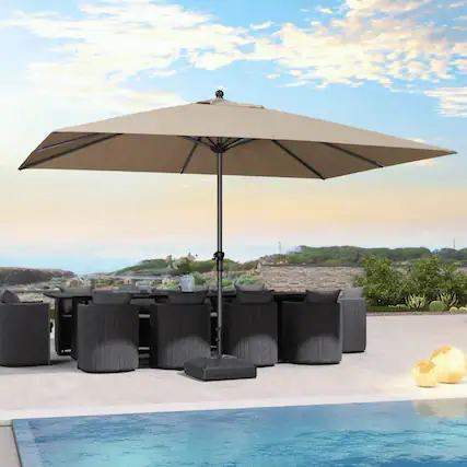 Front. PURPLE LEAF - 9' X 11' Rectangle Patio Market Umbrella with Base Outdoor Table Umbrella Aluminum Frame Sun Shade for Garden Deck Pool - Taupe.