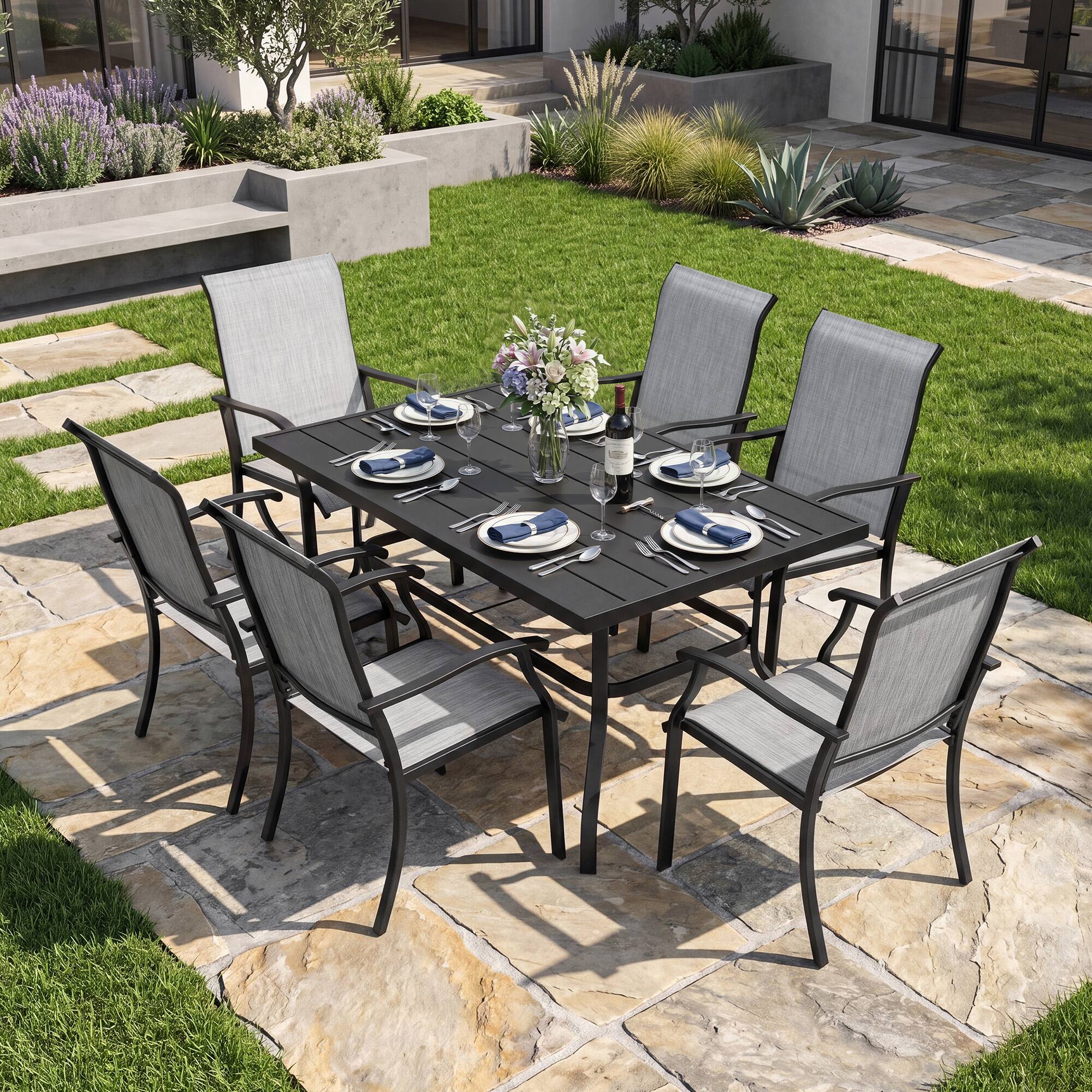 Nuu Garden - 7-Piece Patio Textilene Dining Set with Umbrella Hole, Powder Coating - Black and Gray