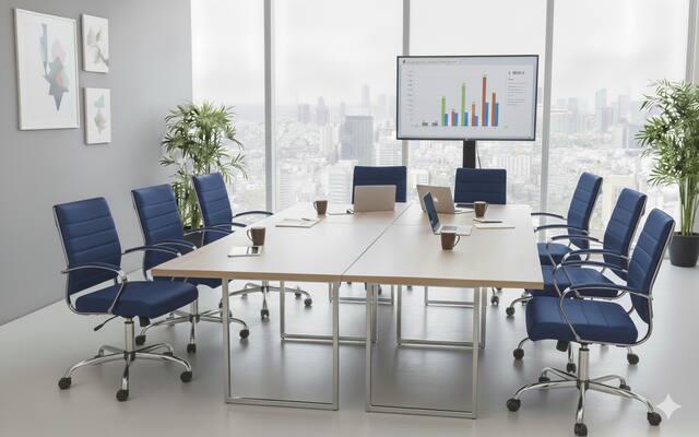 Front. LeisureMod - Set of 8 Benmar Modern Leather Upholstered Office Desk Chair with Swivel Seat with Smooth-Rolling Casters - Navy Blue.