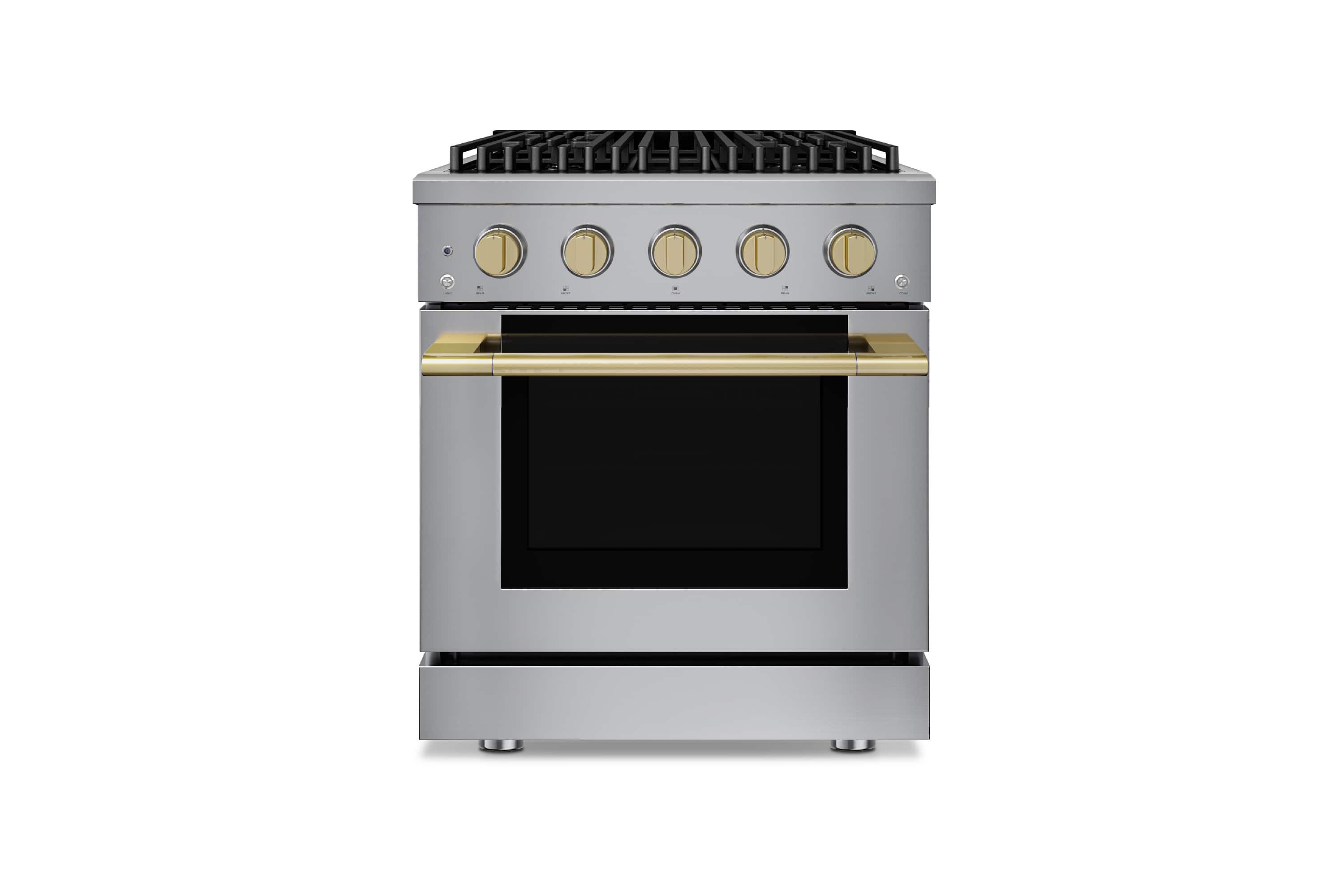Front. Hauslane - HausPro 30 in. 4 Burners (20,000 BTU) Freestanding Dual Fuel Range - Satin Brass.