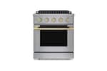 Front. Hauslane - HausPro 30 in. 4 Burners (20,000 BTU) Freestanding Dual Fuel Range - Satin Brass.