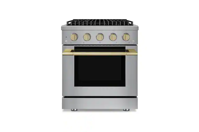 Front. Hauslane - HausPro 30 in. 4 Burners (20,000 BTU) Freestanding Dual Fuel Range - Satin Brass.