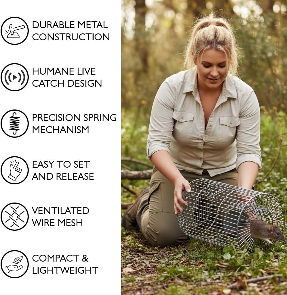 DURABLE METAL CONSTRUCTION  
HUMANE LIVE CATCH DESIGN  
PRECISION SPRING MECHANISM  
EASY TO SET AND RELEASE  
VENTILATED WIRE MESH  
COMPACT & LIGHTWEIGHT
