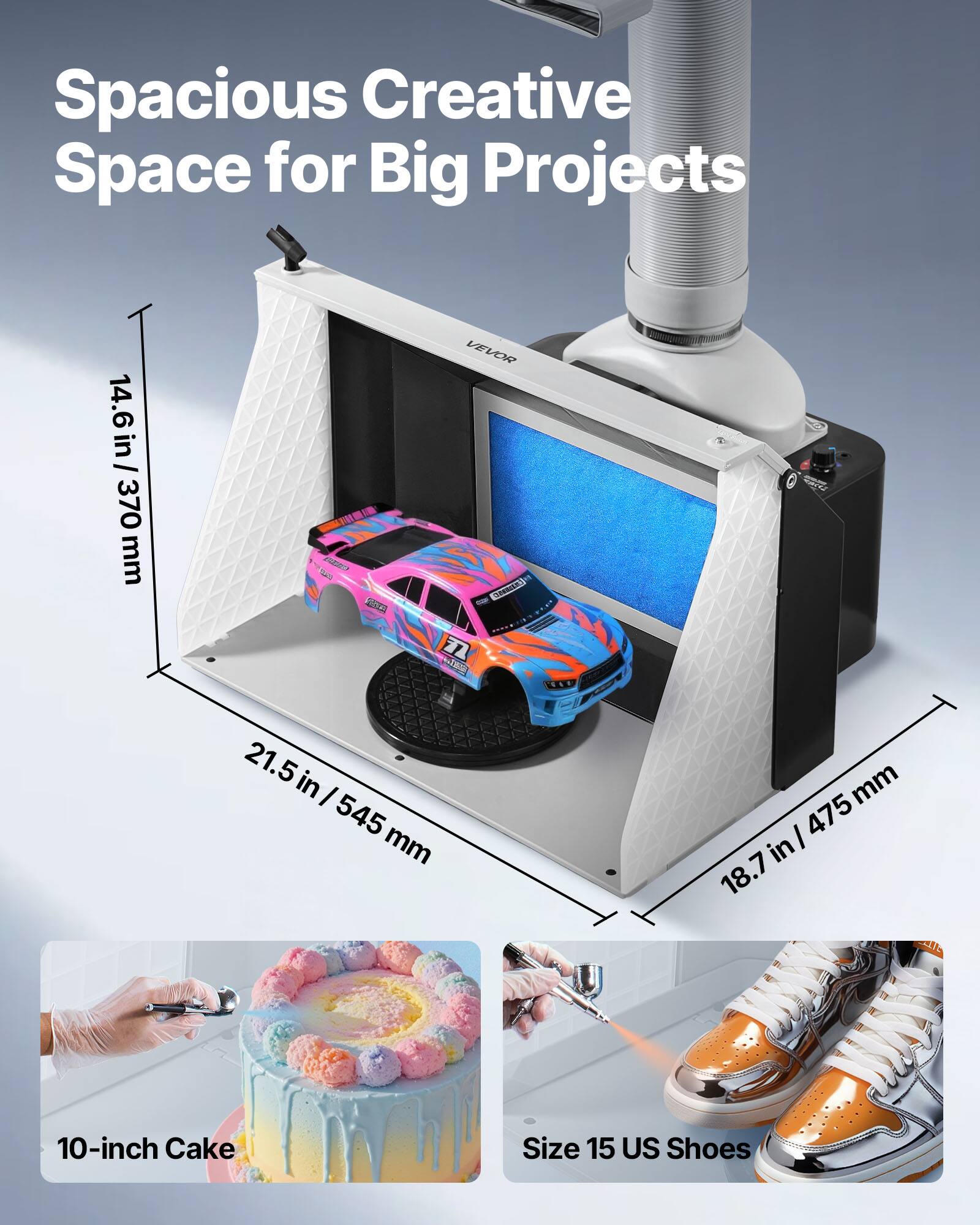 Spacious Creative Space for Big Projects

14.6 in / 370 mm

21.5 in / 545 mm

18.7 in / 475 mm

10-inch Cake

Size 15 US Shoes