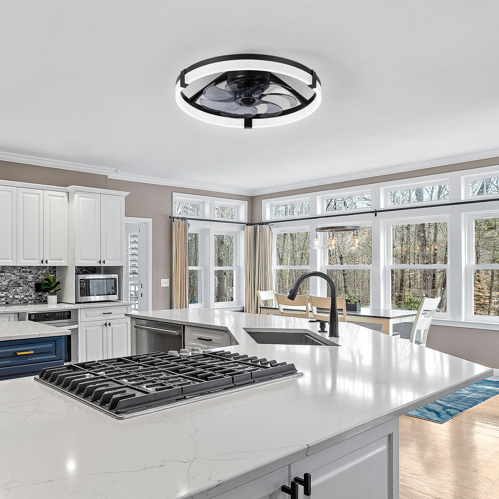 Front. Breezary - 20-Inch Caged KD Ceiling Fan with LED Light, Remote Control, 6-Speed Quiet DC Motor, Flush Mount Low Profile Design - Matte Black.