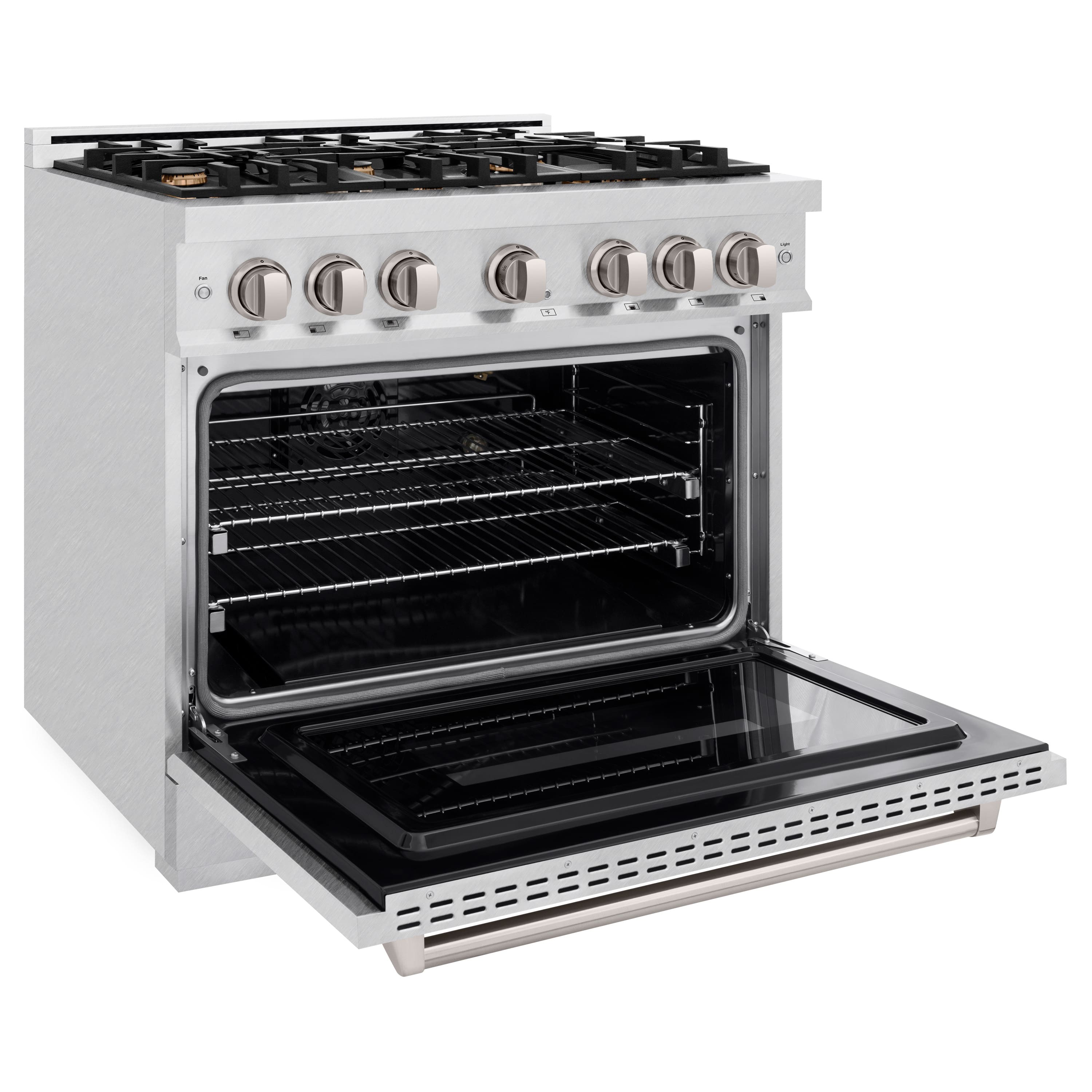 Left. ZLINE - ZLINE 36 in. Classic Satin Steel Stainless Gas Range w/ Convection Oven & 6 Brass Burners (CGRS-BR-36) - Stainless Steel.