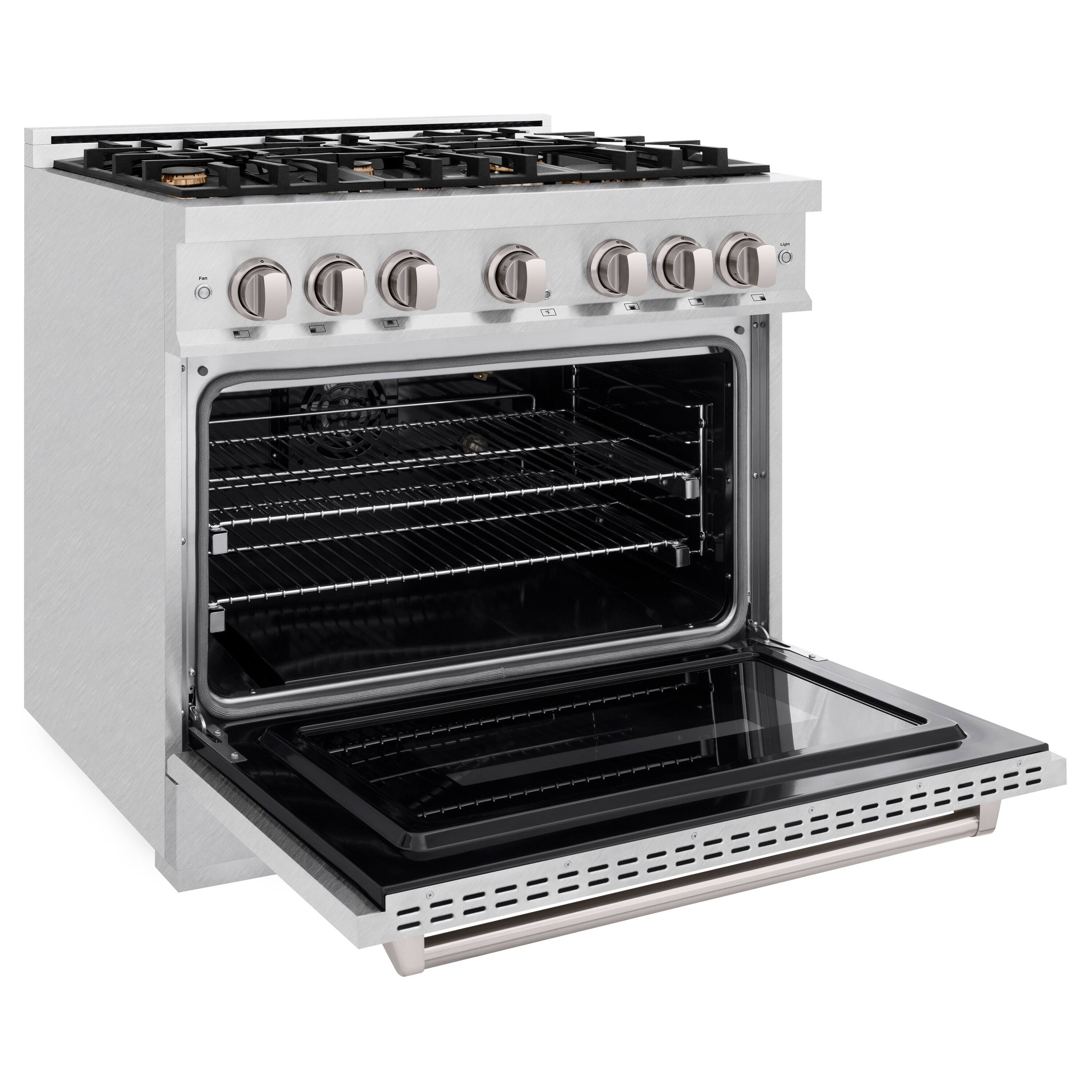 Left. ZLINE - ZLINE 36 in. Classic Satin Steel Stainless Gas Range w/ Convection Oven & 6 Brass Burners (CGRS-BR-36) - Stainless Steel.