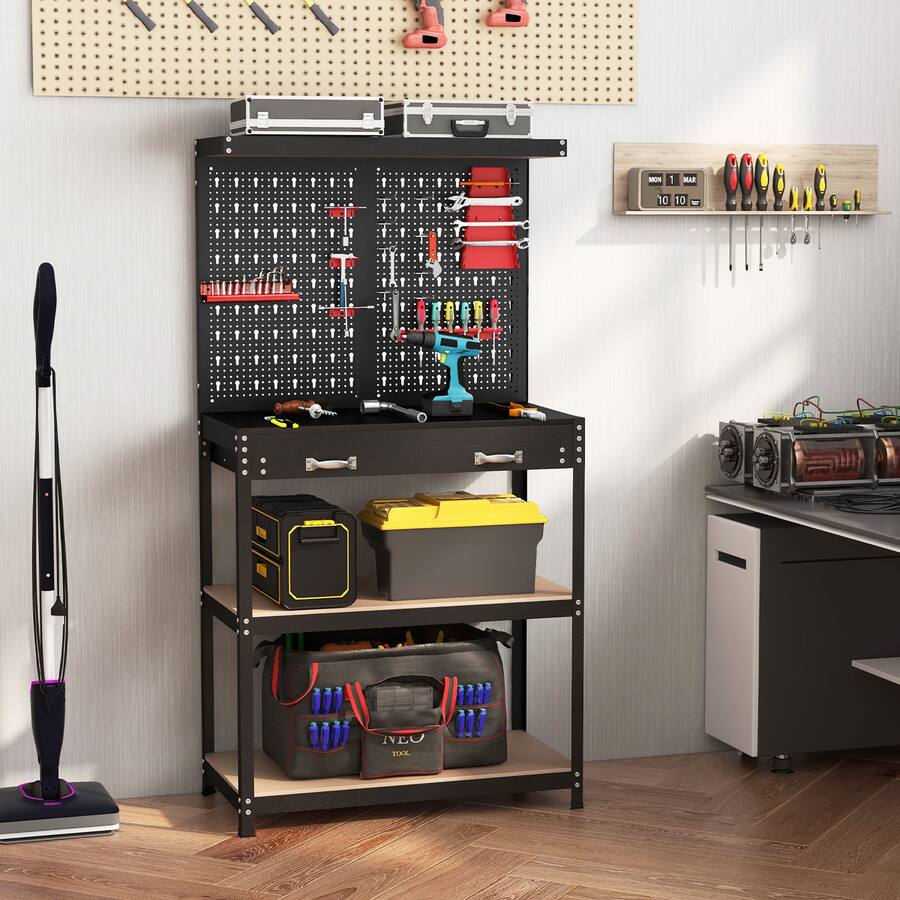 Multiple Tool Work Table Gymax Multi use Workbench w/ 2 Shelves Heavy Duty Work Table Tool ...