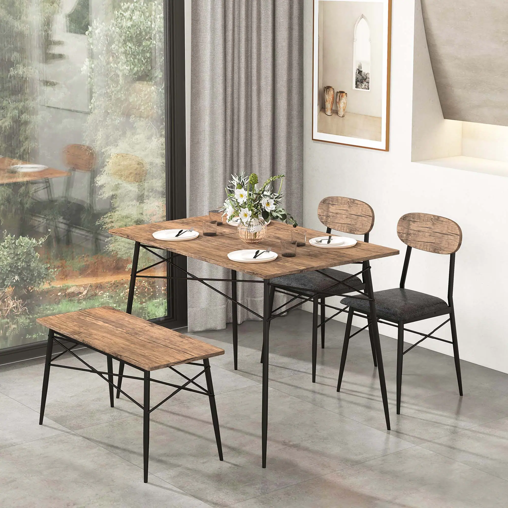 Angle. Costway - 4 Piece Dining Table Set with Bench & 2 Faux Leather Upholstered Chairs for Kitchen - Rustic Brown.
