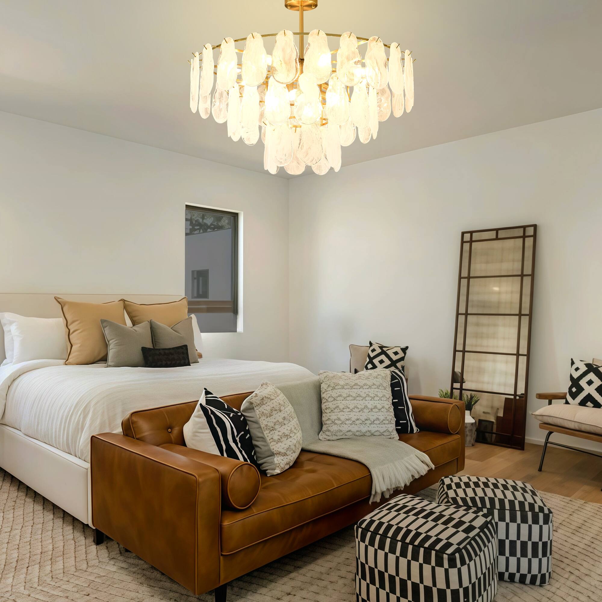 Left. RYHNUYNE - 31.5" Modern Gold Chandelier 3-Tier Cloud Glass Pendant Ceiling Light with 12 Lights for Living Room Bedroom Dining Room.