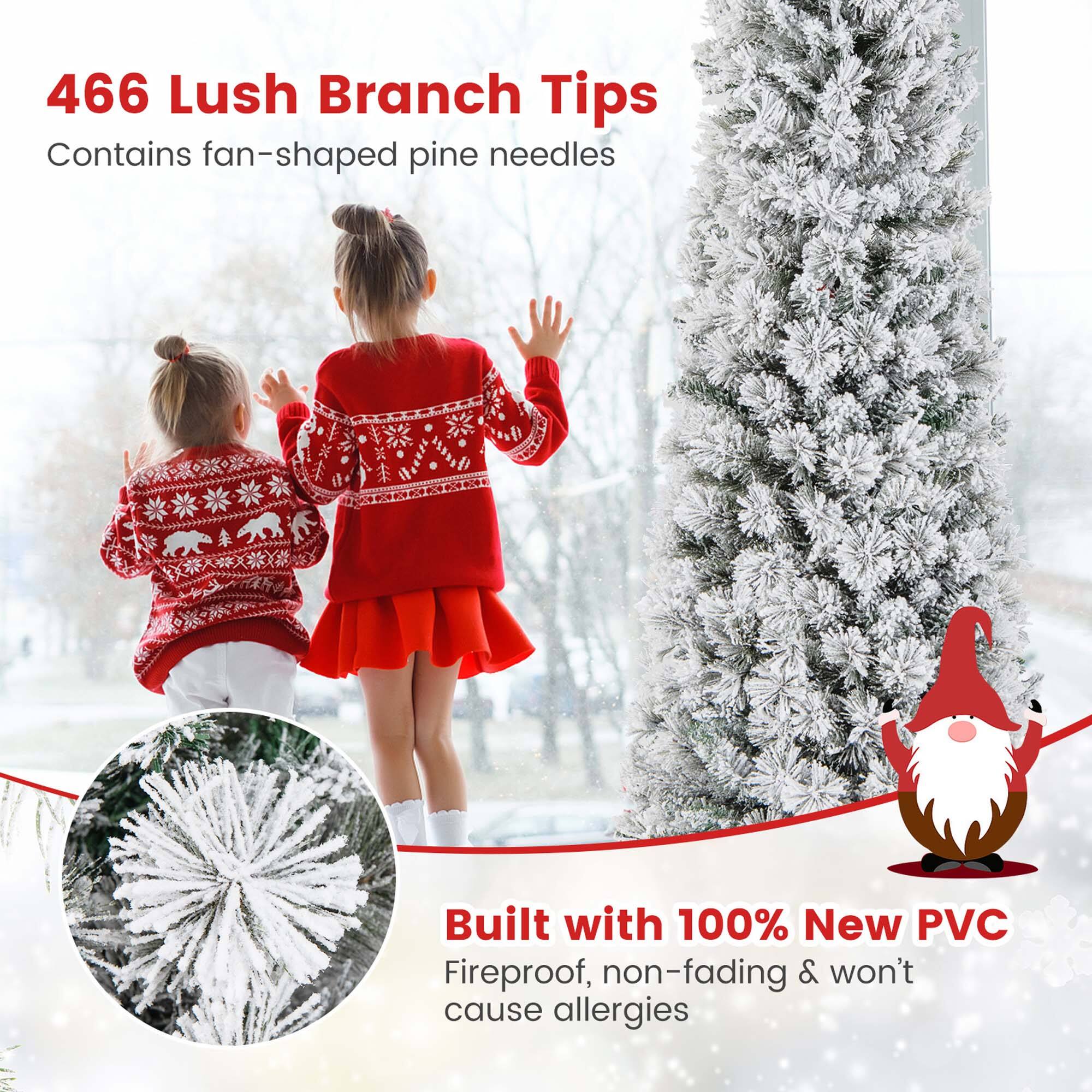 The text on the image is grouped and corrected as follows:

"466 Lush Branch Tips contains fan-shaped pine needles. Built with 100% new PVC, fireproof, non-fading, and won't cause allergies."