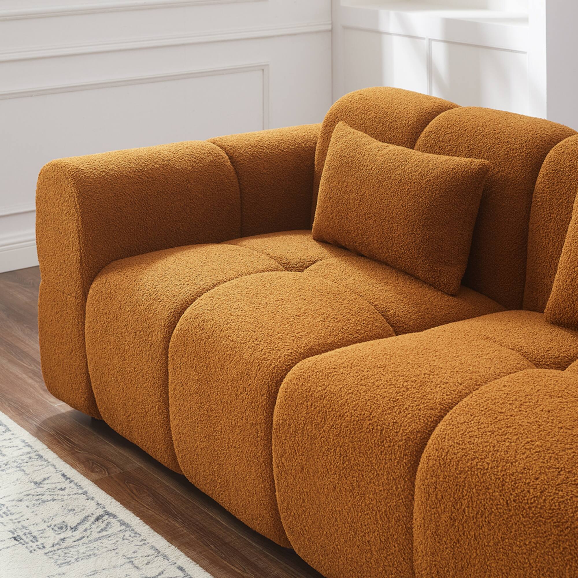 Back. Electra Tech Xpress - 80" Modern Sofa Couch, Comfy Deep Seat Teddy Cloud Sofa, Oversized Loveseat 3-Seater Boucle Couch - Curry.