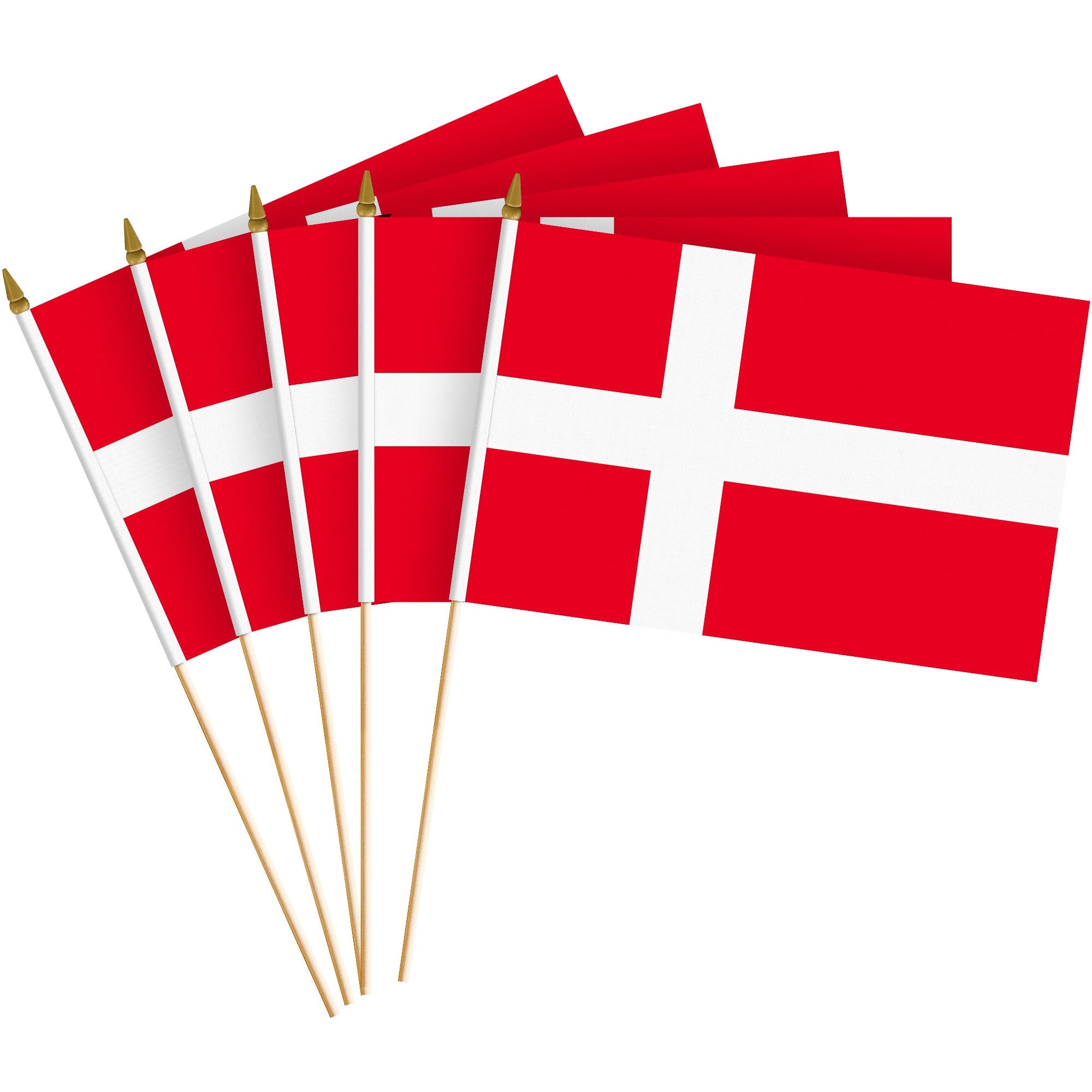 G128 - 12-Pack Handheld Denmark Flags, 8 x 12 in, 150D Polyester with Wooden Stick and Gold Spear Tip - Assorted Colors