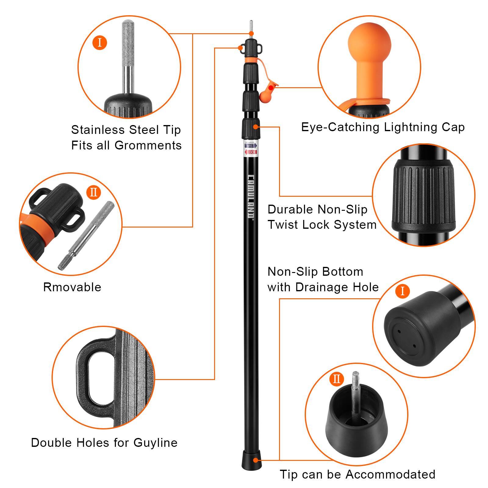 I. Stainless Steel Tip Fits all Gromments  
II. Eye-Catching Lightning Cap  
A. SL - CAMULAND  
B. Durable Non-Slip Twist Lock System  
C. Rmovable  
D. Double Holes for Guyline  
E. Non-Slip Bottom with Drainage Hole  
F. Tip can be Accommodated