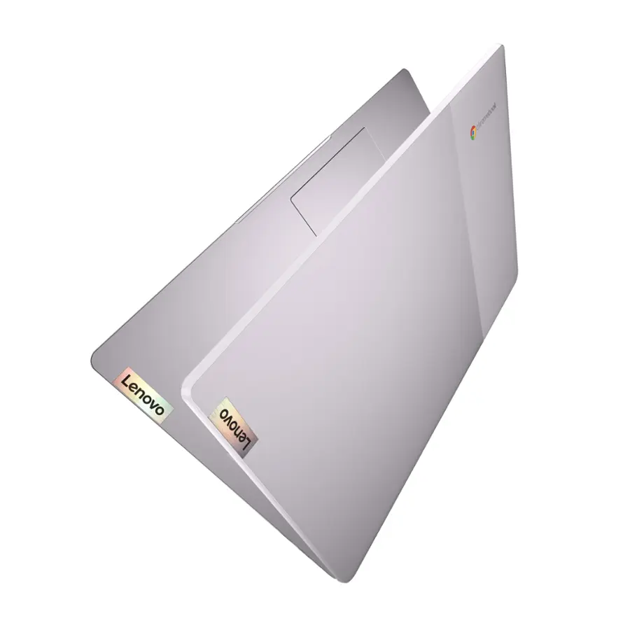 The image features a white laptop computer with the Lenovo logo prominently displayed on the cover. The laptop is open, revealing its keyboard and screen. The Lenovo logo is located on the left side of the laptop, while the laptop's screen occupies the majority of the right side. The laptop is positioned in a way that showcases its design and features, making it an attractive and functional device.