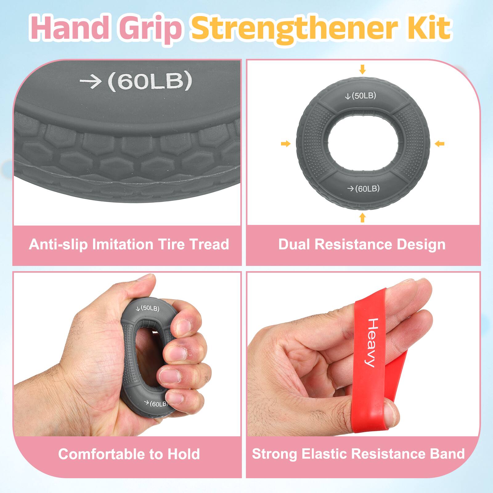 Hand Grip Strengthener Kit (60LB) (50LB) Anti-slip Imitation Tire Tread Dual Resistance Design (50LB) Heavy (60LB) Comfortable to Hold Strong Elastic Resistance Band