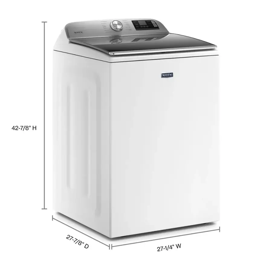 The text on the image reads: "SWEE MAYTAG 42-7/8" H 27-7/8" D 27-1/4" W." This information is likely related to the dimensions of a washing machine or dryer. The dimensions provided are: 42-7/8" in height, 27-7/8" in depth, and 27-1/4" in width.