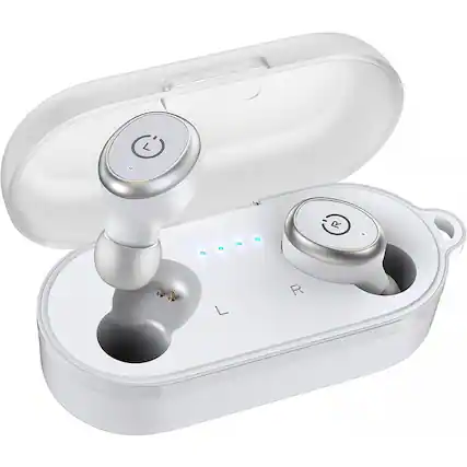 Front. TOZO - Tozo T10S Bluetooth Wireless Earbuds, Waterproof, Touch Controls with Wireless Charging Case - White - White.