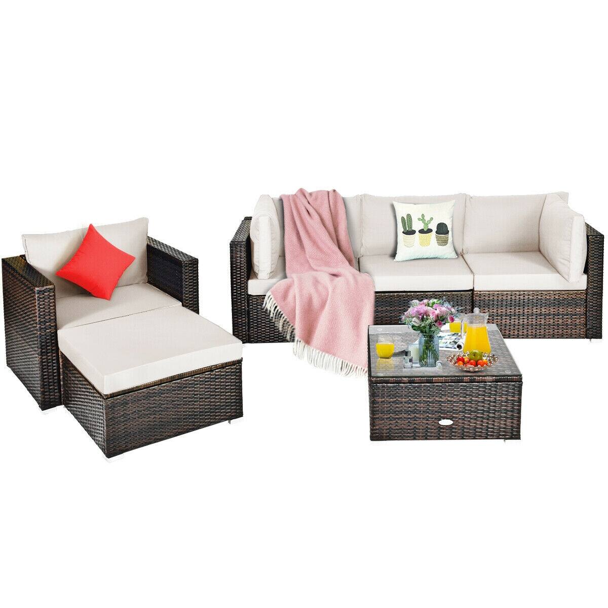 Alt View 4. SlickBlue - Patio 6-Piece Wicker Rattan Furniture Set with Soft Sectional Cushions - White.