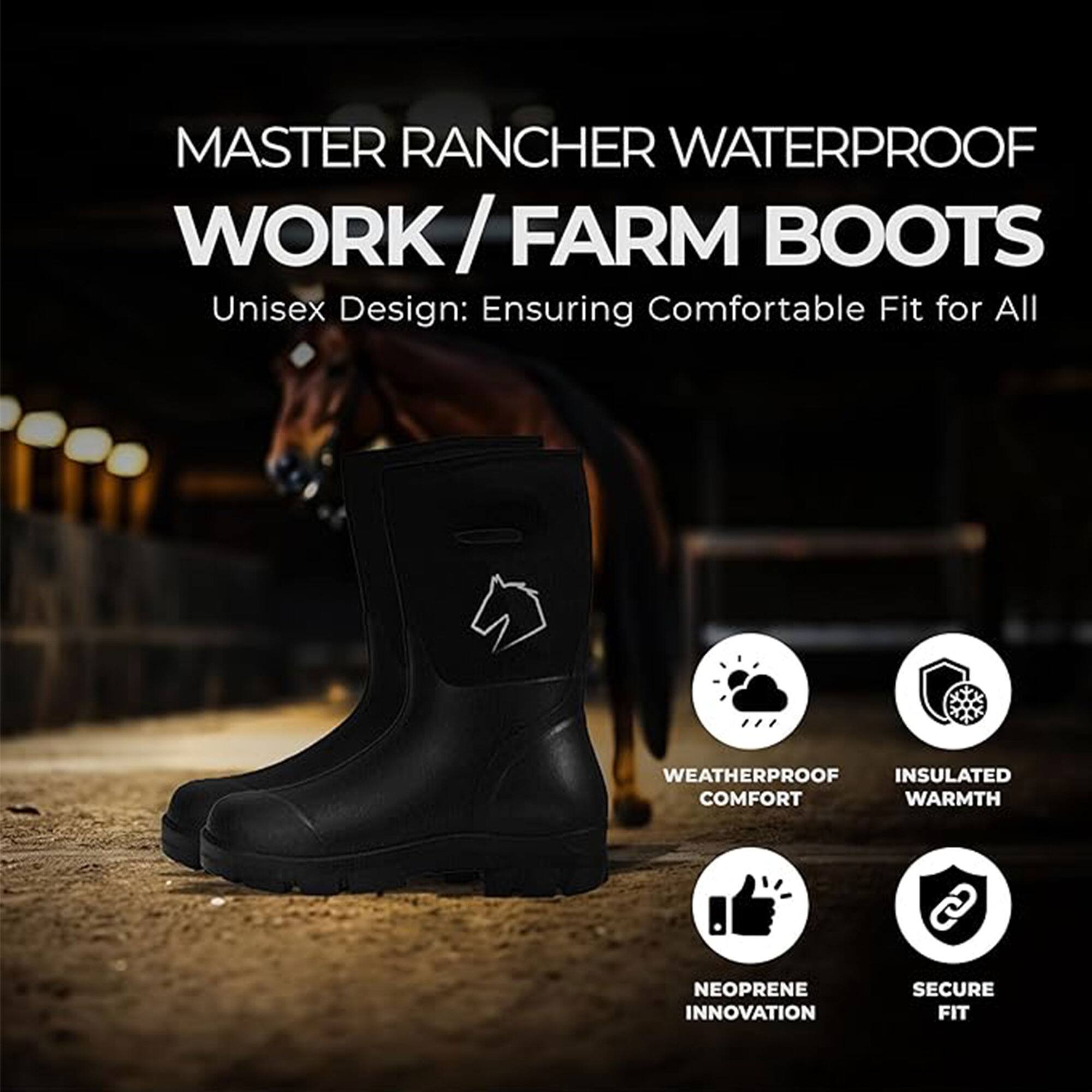 MASTER RANCHER WATERPROOF WORK / FARM BOOTS  
Unisex Design: Ensuring Comfortable Fit for All  

- WEATHERPROOF COMFORT  
- INSULATED WARMTH  
- NEOPRENE INNOVATION  
- SECURE FIT