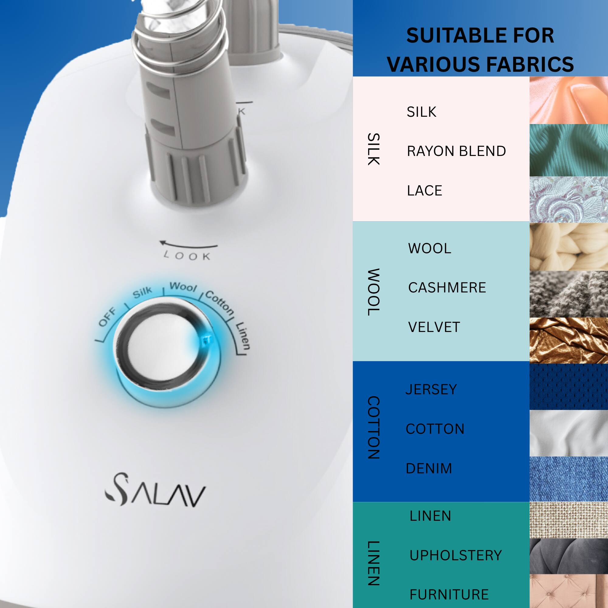 SUITABLE FOR VARIOUS FABRICS

SILK
- SILK
- RAYON BLEND
- LACE

WOOL
- WOOL
- CASHMERE
- VELVET

COTTON
- JERSEY
- COTTON
- DENIM

LINEN
- LINEN
- UPHOLSTERY
- FURNITURE