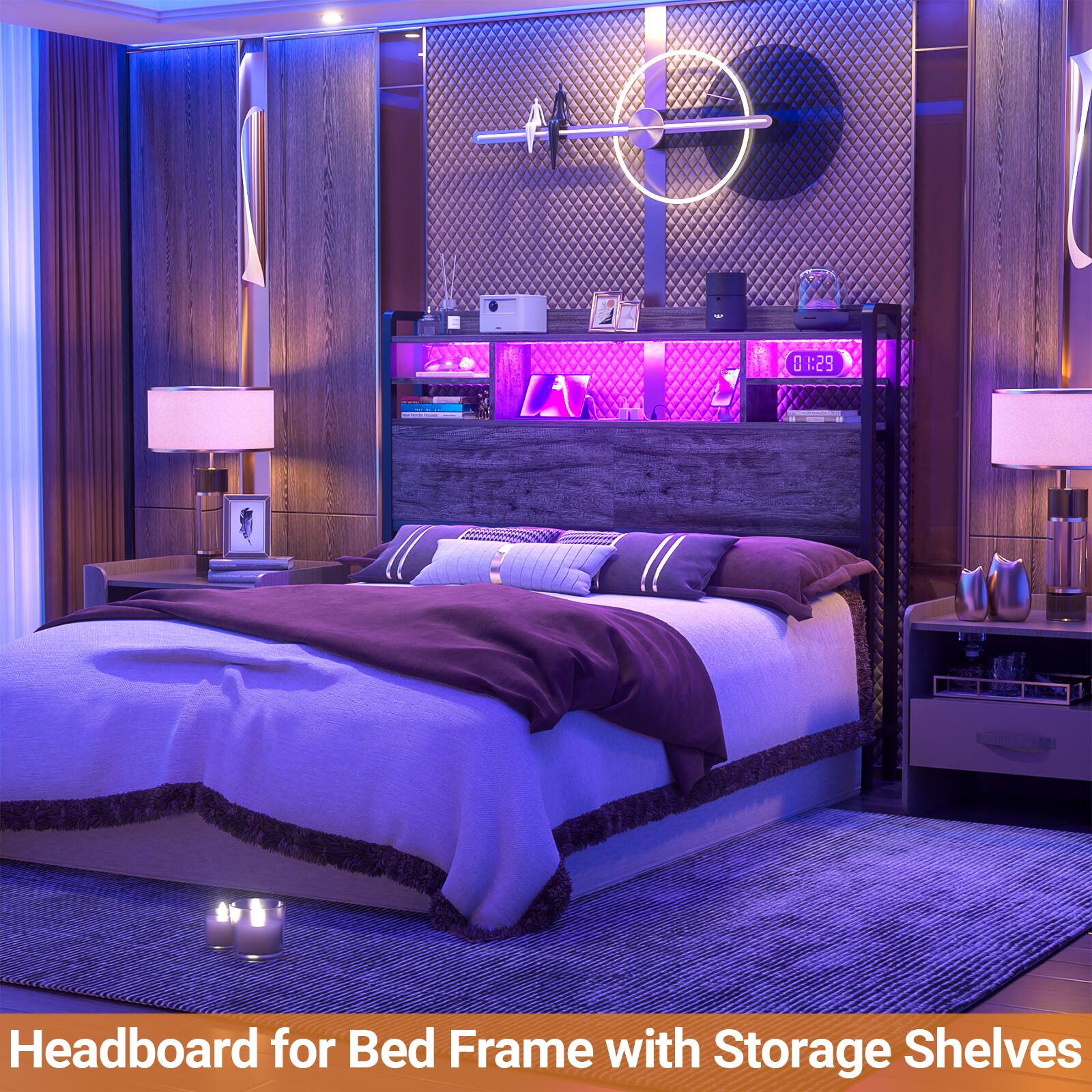Headboard for Bed Frame with Storage Shelves