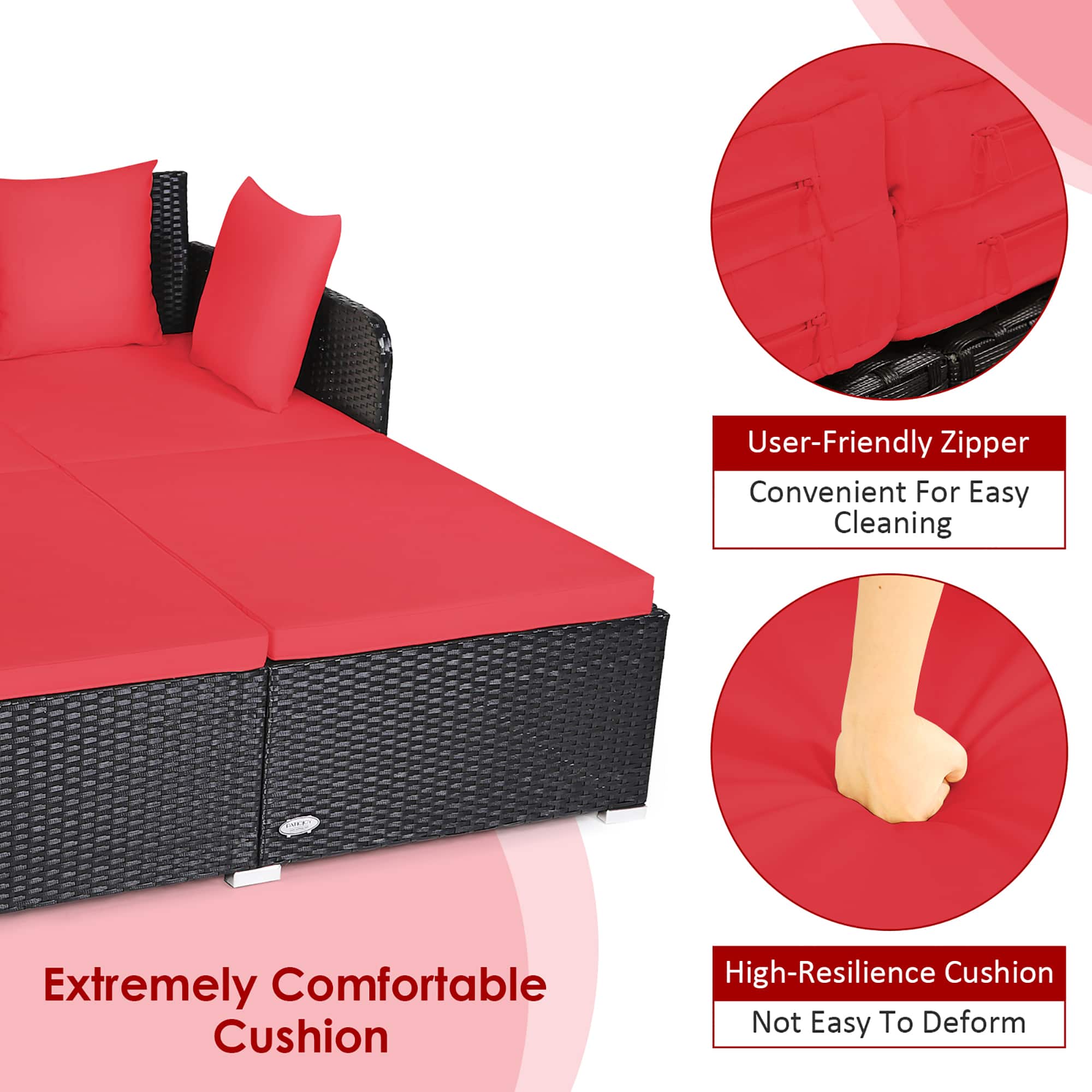 The text on the image reads: "User-Friendly Zipper Convenient For Easy Cleaning Extremely Comfortable Cushion High-Resilience Cushion Not Easy To Deform."