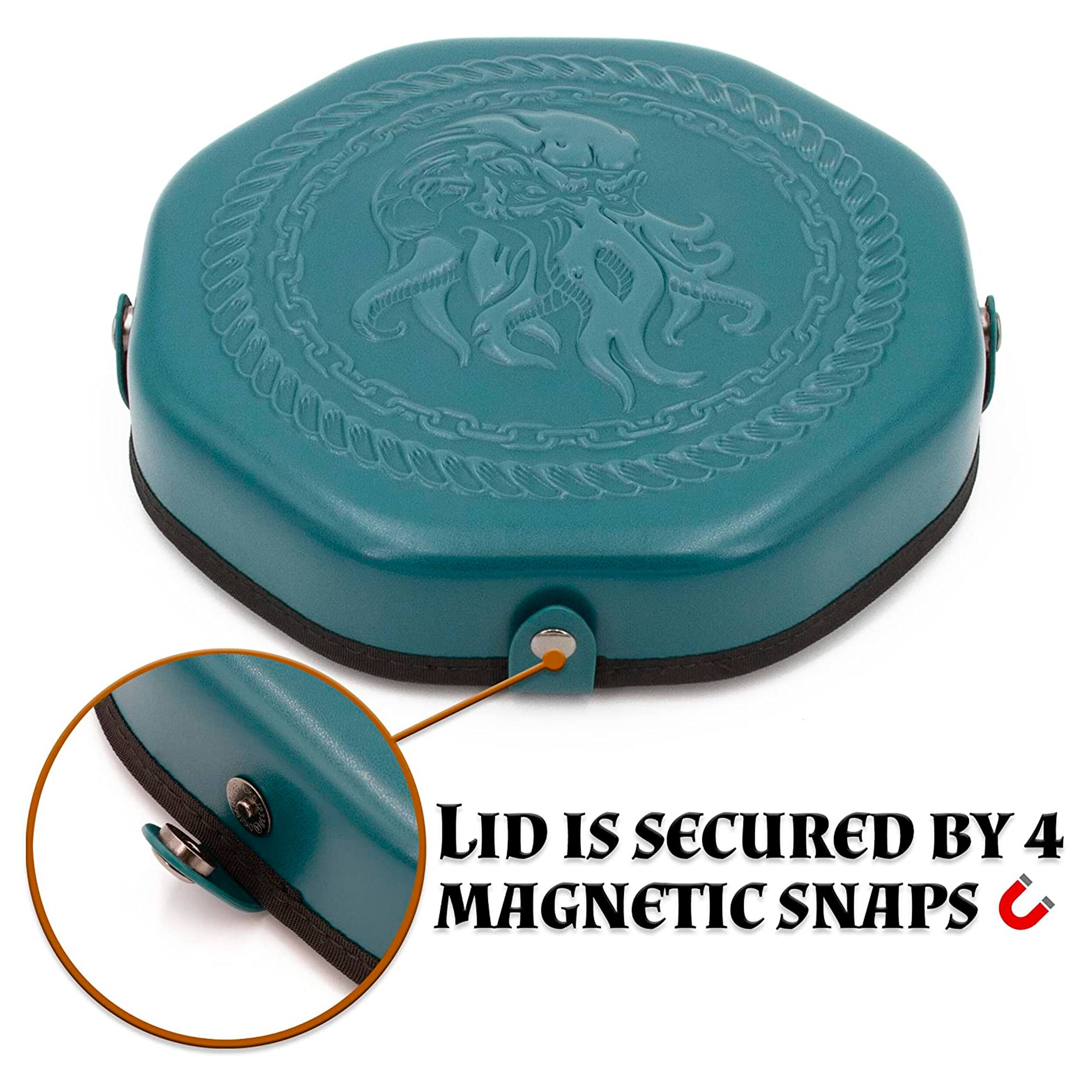 LID IS SECURED BY 4 MAGNETIC SNAPS