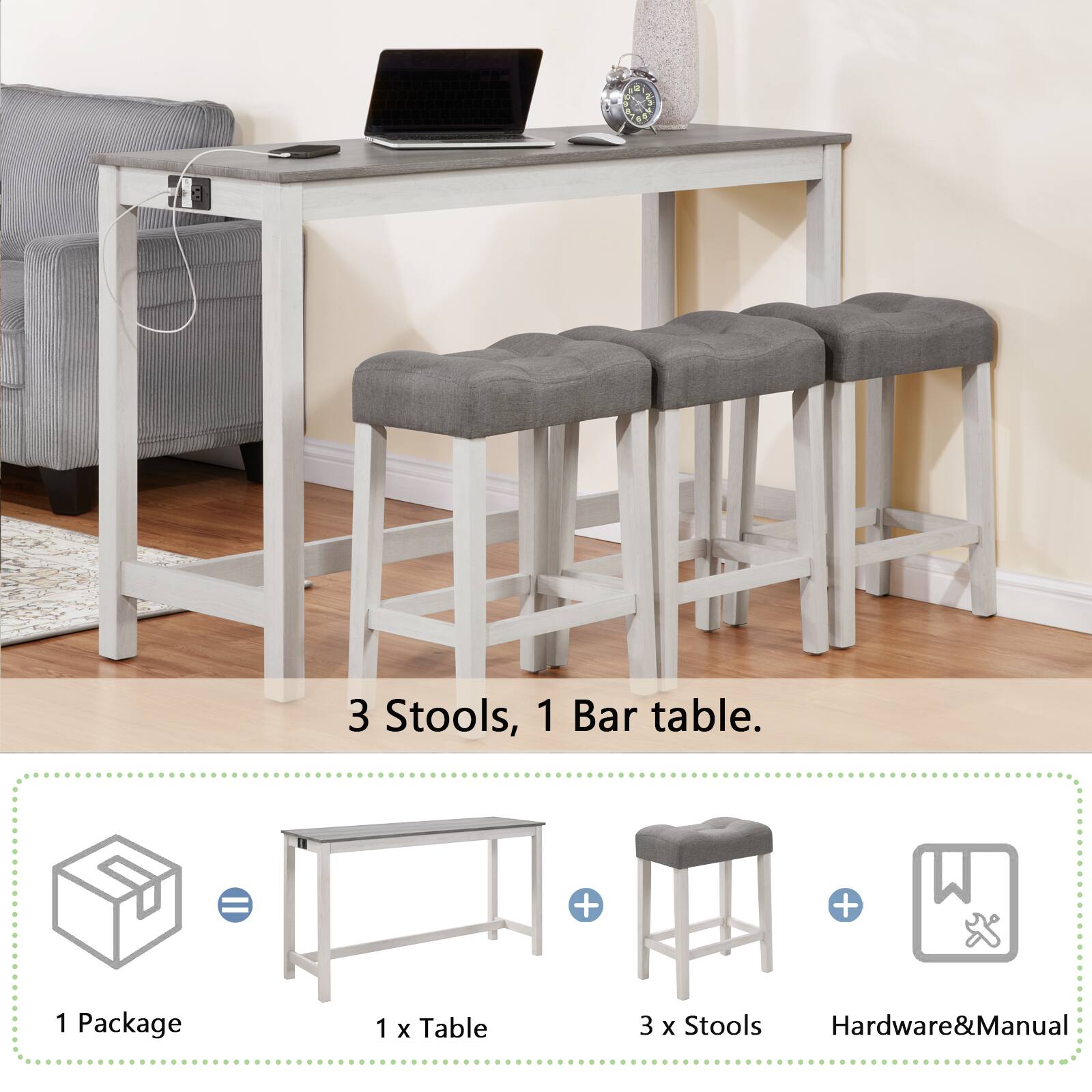 3 Stools, 1 Bar table.

1 Package
1 x Table
3 x Stools
Hardware&Manual