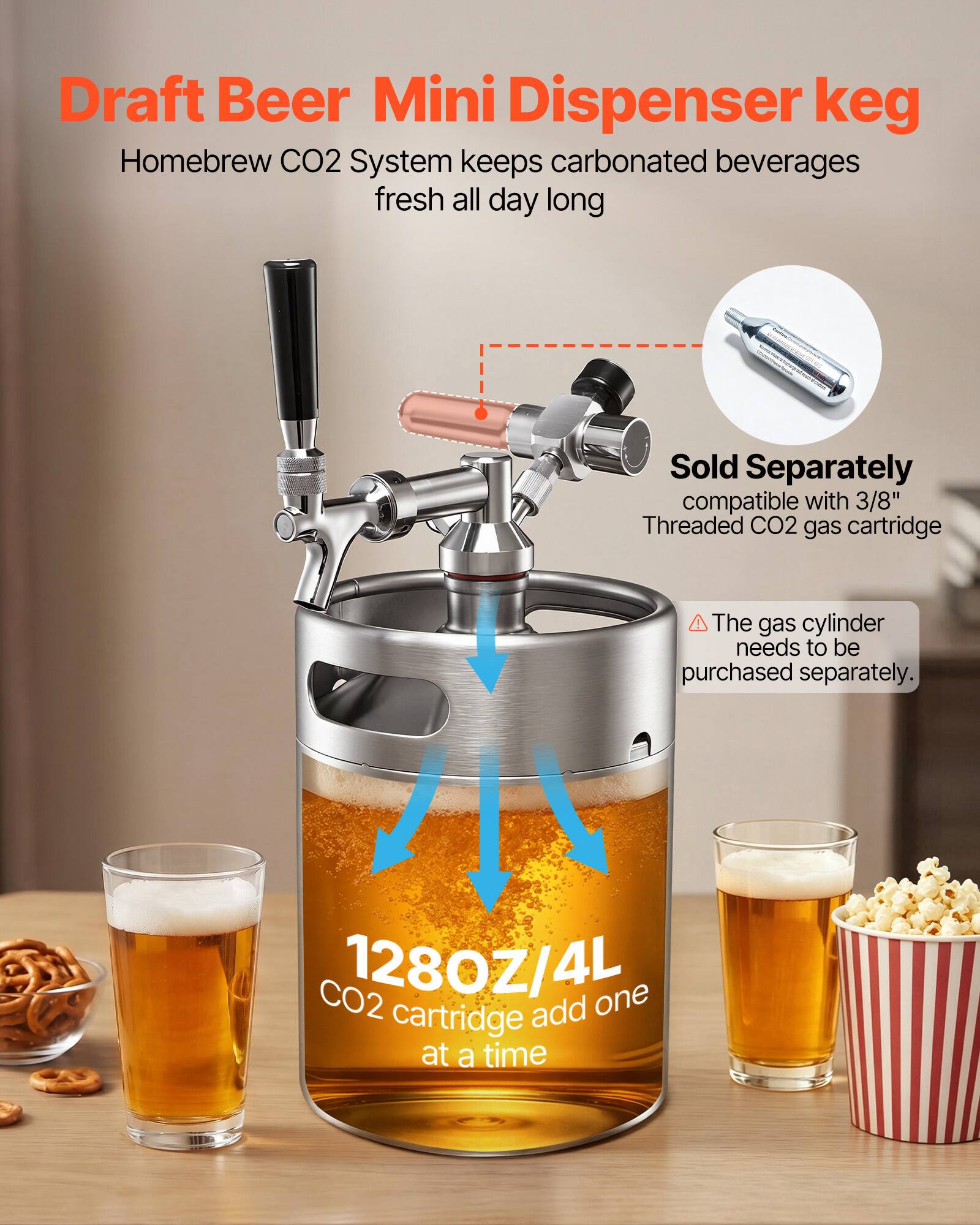 Draft Beer Mini Dispenser keg  
Homebrew CO2 System keeps carbonated beverages fresh all day long  
Sold Separately  
compatible with 3/8" Threaded CO2 gas cartridge  
The gas cylinder needs to be purchased separately.  
1280Z/4L CO2 cartridge add one at a time