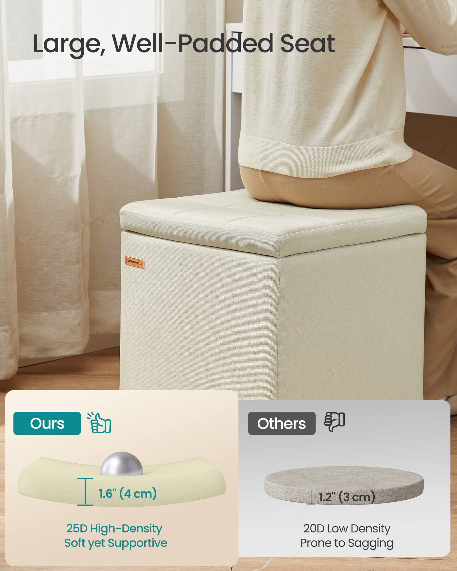 Large, Well-Padded Seat

Ours
1.6" (4 cm)
25D High-Density Soft yet Supportive

Others
1.2" (3 cm)
20D Low Density Prone to Sagging