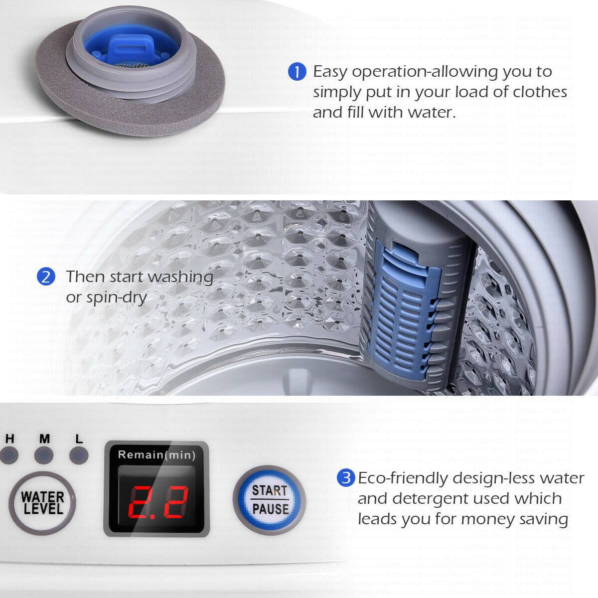 1. Easy operation: Allowing you to simply put in your load of clothes and fill with water.
2. Then start washing or spin-dry: HML Remain (min) min) WATER LEVEL 8.8 START PAUSE
3. Eco-friendly design: Less water and detergent used which leads you for money saving.