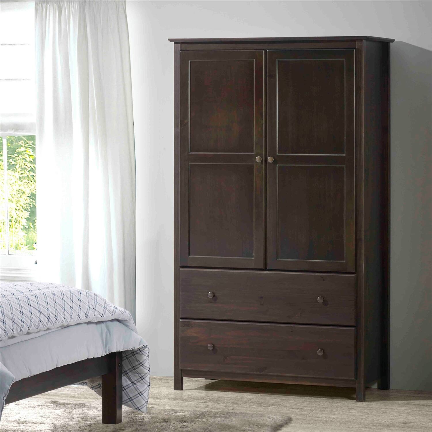 Hivvago - Espresso Solid Wood Bedroom Armoire Wardrobe Cabinet with Hanging Bar - Brown