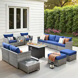 Ovios - 13 PCS Patio Furniture Set Sectional Sofa Comfy Armchair with Ottoman & 42" Fire Pit Table No Assembly Required - Navy Blue