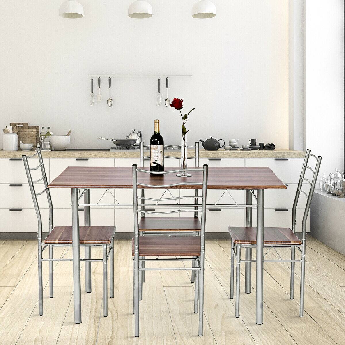 Left. Costway - 5 Piece Dining Table Set Wood Metal Kitchen Breakfast Furniture with 4 Chair Walnut - Walnut.