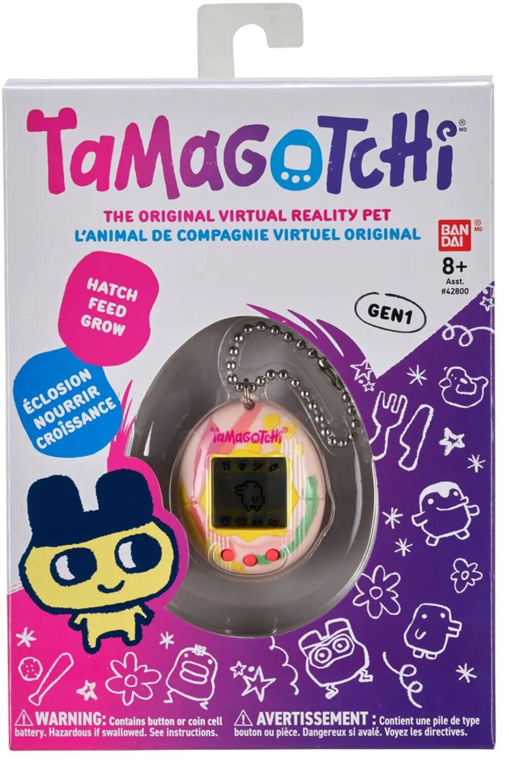 MD TaMaGoTcHi THE ORIGINAL VIRTUAL REALITY PET 2 BAN MO L'ANIMAL DE COMPAGNIE VIRTUEL ORIGINAL DAI 8+ Asst. HATCH #42800 FEED GEN1 GROW CLOSION CROiSSANCE TaMaGOTCHi U ! WARNING: Contains button or coin cell ! AVERTISSEMENT : Contient une pile de type battery. Hazardous if swallowed. See instructions. bouton ou pice. Dangereux si aval. Voyez les directives.