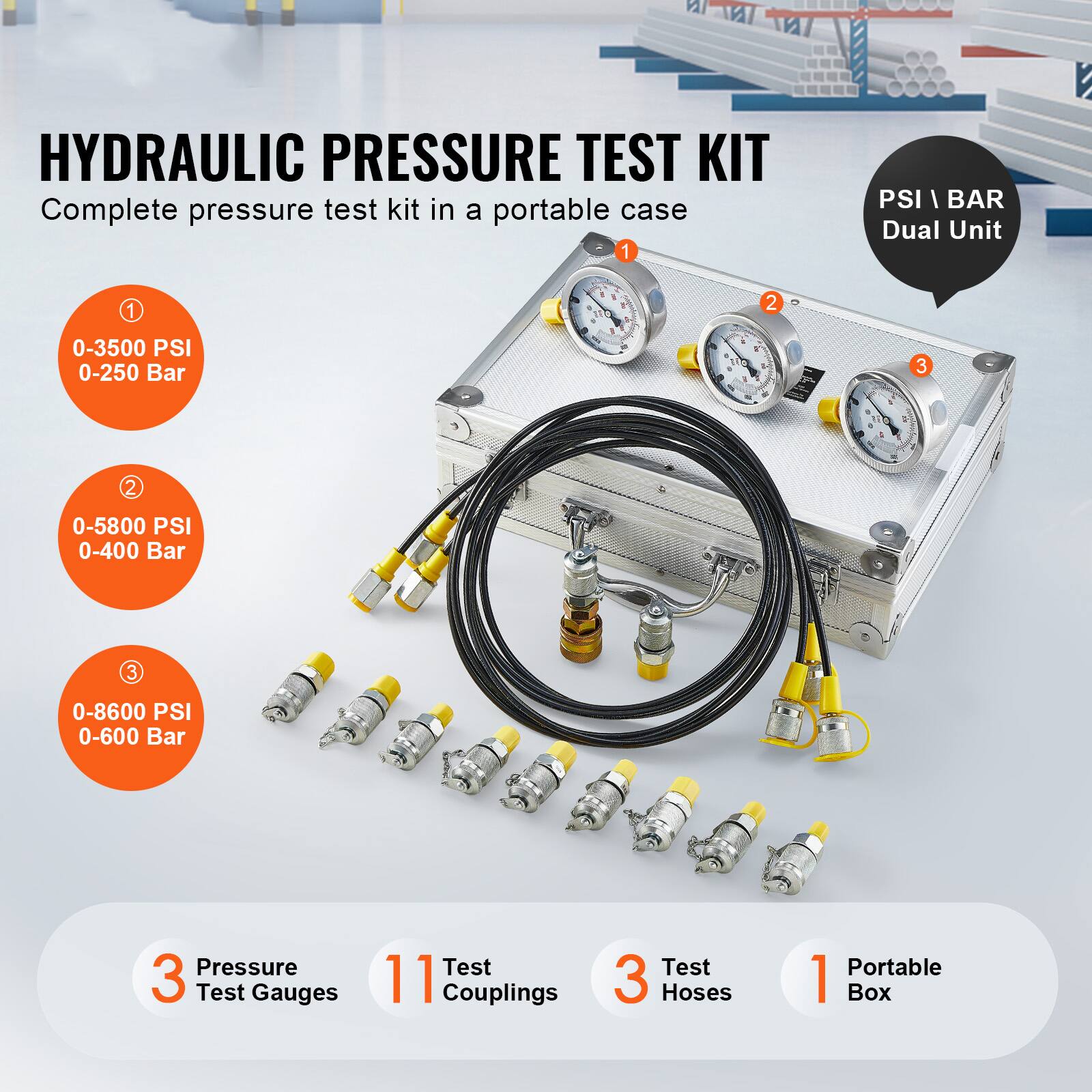 HYDRAULIC PRESSURE TEST KIT  
Complete pressure test kit in a portable case  

1. 0-3500 PSI  
   0-250 Bar  

2. 0-5800 PSI  
   0-400 Bar  

3. 0-8600 PSI  
   0-600 Bar  

PSI | BAR  
Dual Unit  

3 Pressure Test Gauges  
11 Test Couplings  
3 Test Hoses  
1 Portable Box