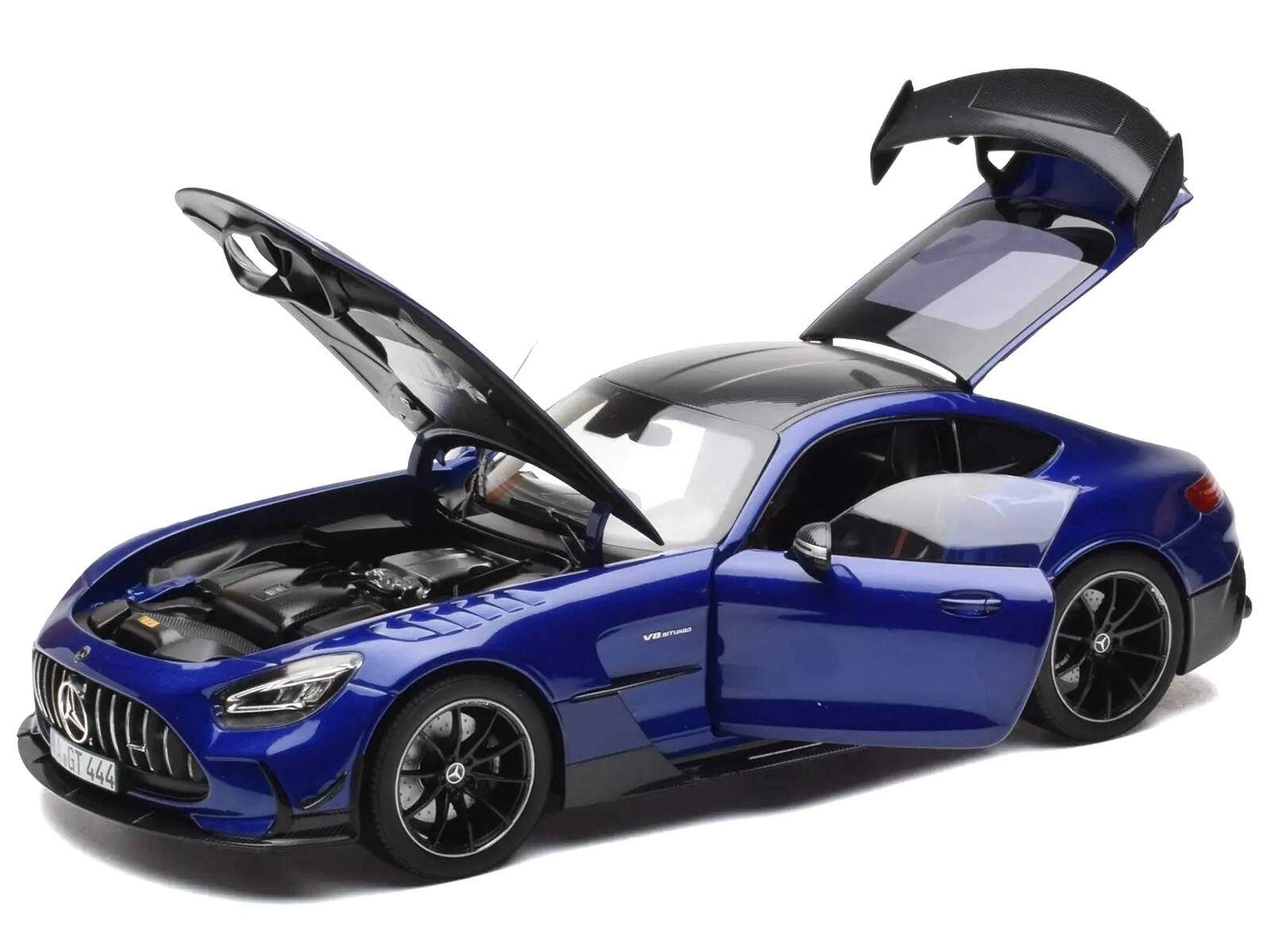 Angle. Norev - 2021 Mercedes-Benz AMG GT Black Series Blue Metallic with Carbon Top and Hood Stripes 1/18 Diecast Model Car by Norev - Blue Metallic.