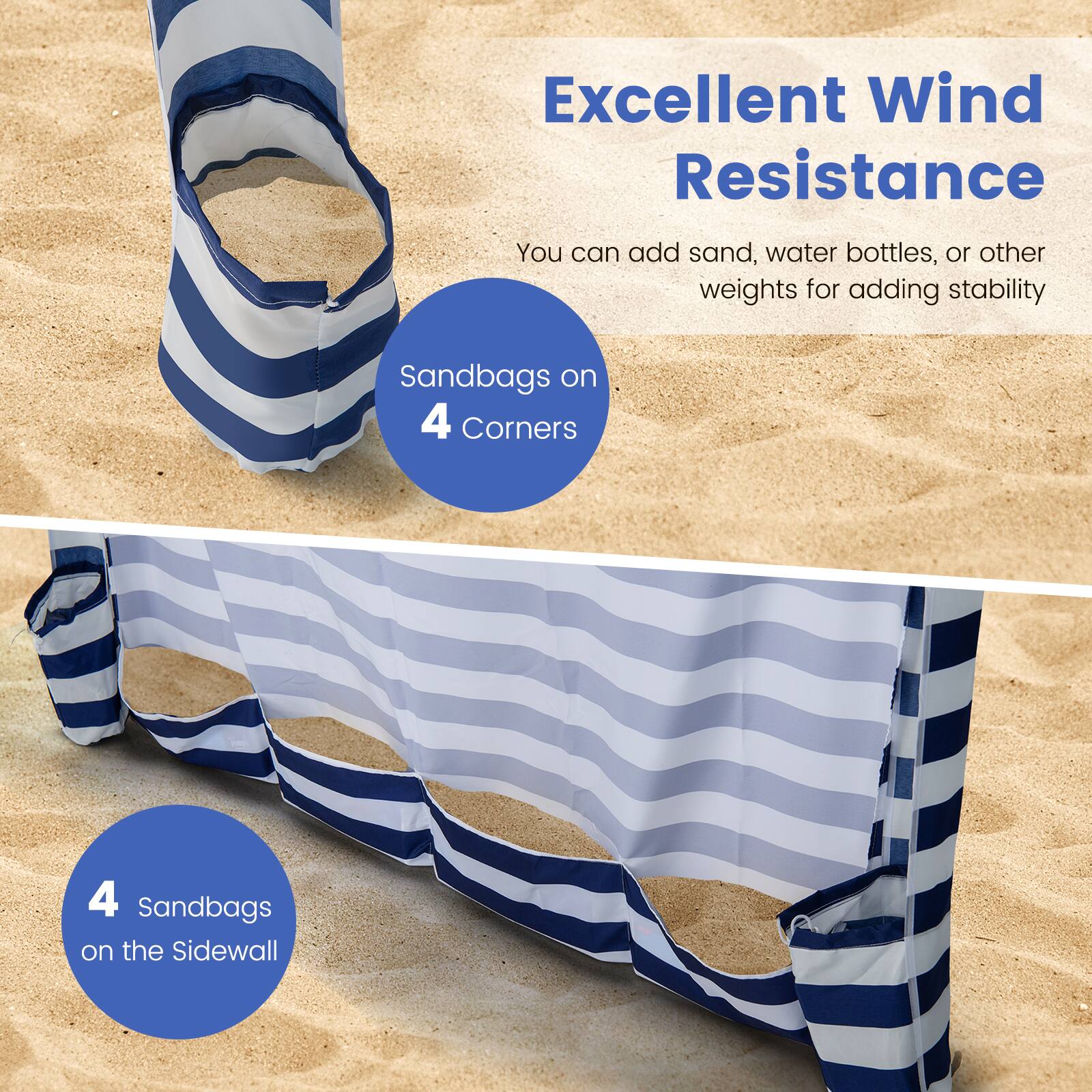 Excellent Wind Resistance: You can add sand, water bottles, or other weights for added stability. Sandbags on 4 Corners: 4 Sandbags on the Sidewall.