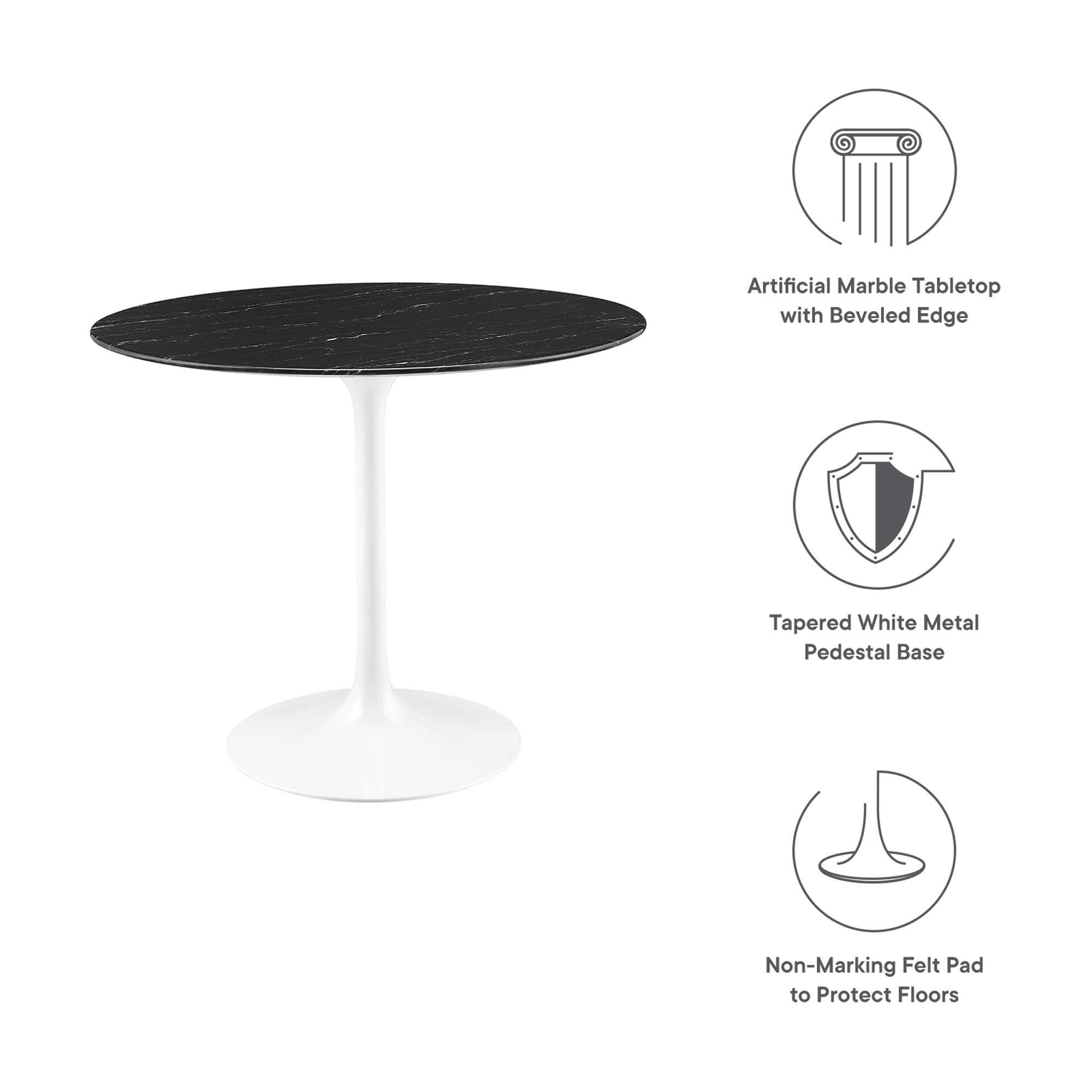 Artificial Marble Tabletop with Beveled Edge  
Tapered White Metal Pedestal Base  
Non-Marking Felt Pad to Protect Floors