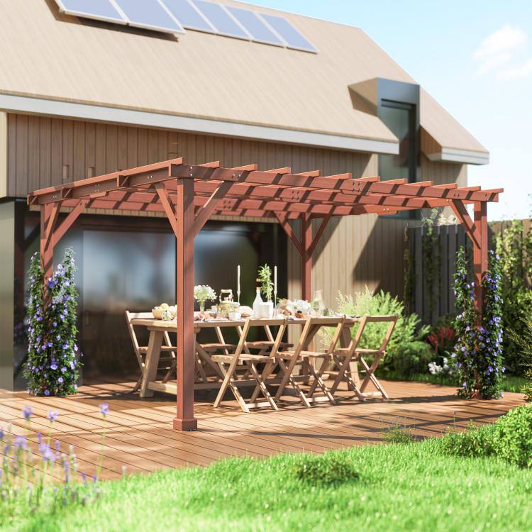 Alt View 9. PULUZ - 11 feet x 12.5 feet Outdoor Wood Pergola with Grape Trellis for Patio, Deck, Backyard, Lawn - Brown.