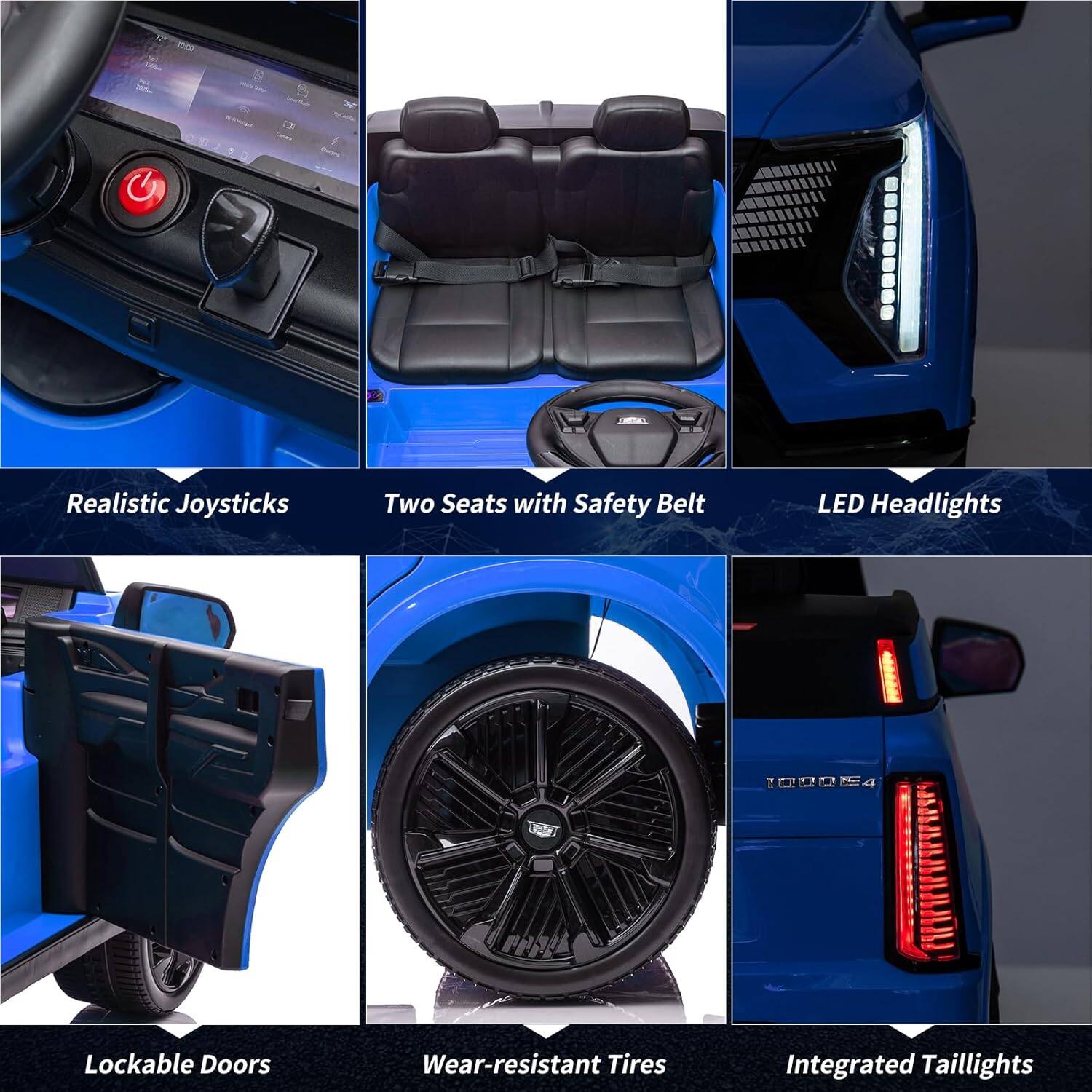 1. Realistic Joysticks
2. Two Seats with Safety Belt
3. LED Headlights
4. Lockable Doors
5. Wear-resistant Tires
6. Integrated Taillights