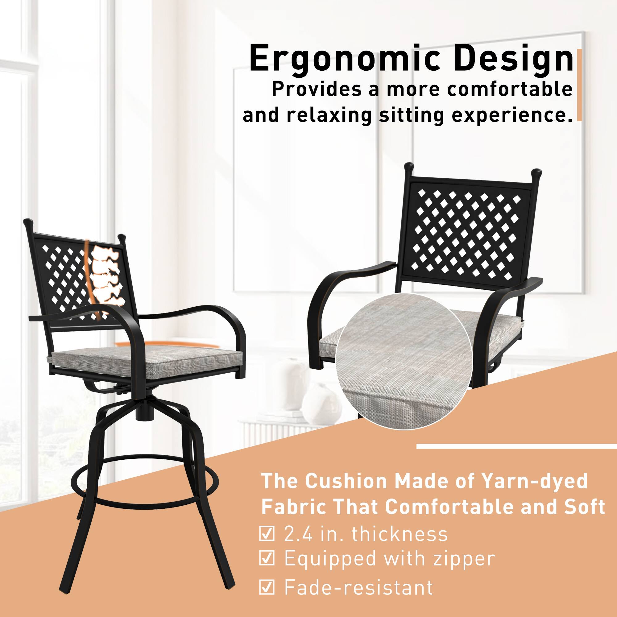 Ergonomic Design  
Provides a more comfortable and relaxing sitting experience.

The Cushion Made of Yarn-dyed Fabric That Comfortable and Soft  
2.4 in. thickness  
Equipped with zipper  
Fade-resistant