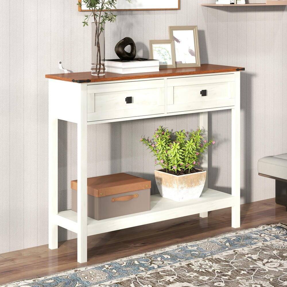Alt View 1. Kadyn - Farmhouse Style Console Table - 2 Drawers & Bottom Storage Shelf, Rustic Side Table for Entryway, Living Room, Hallway - White.