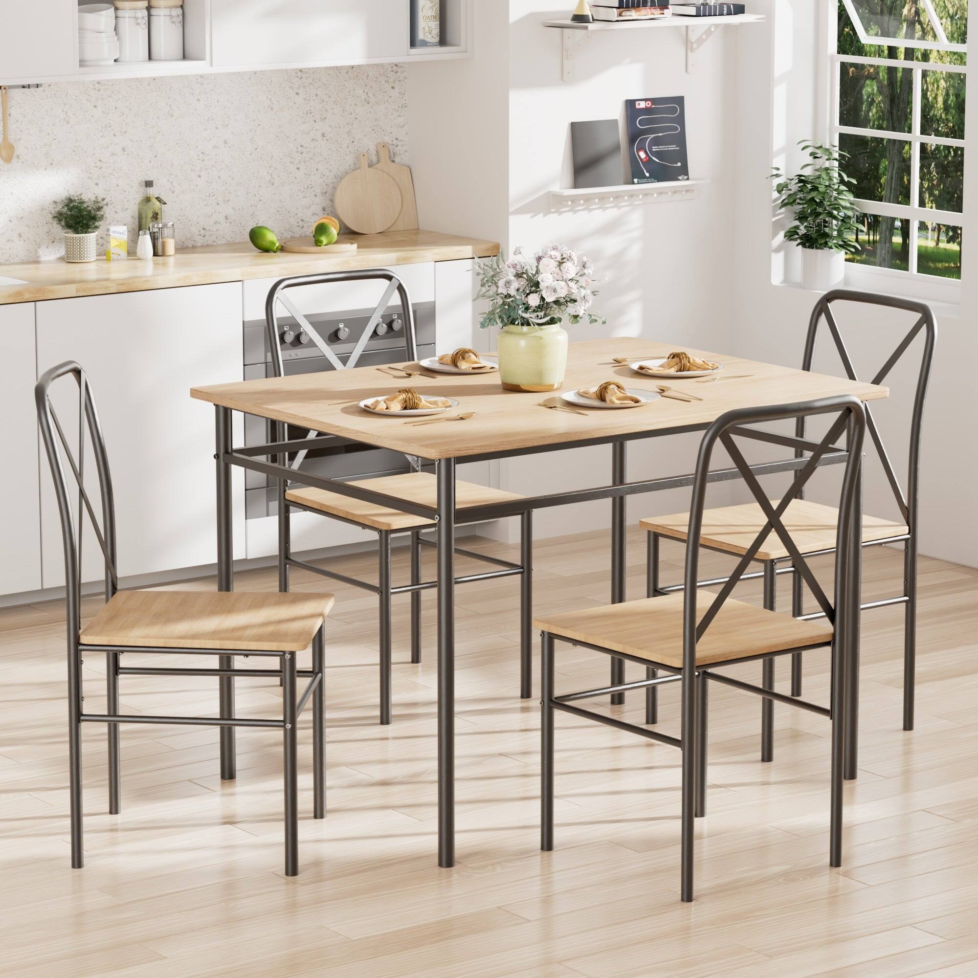 Vecelo - 5-Piece Dining Table Set With 4 Chairs - Space-Saving Metal Frame Table (300 lb Weight Capacity) - Black