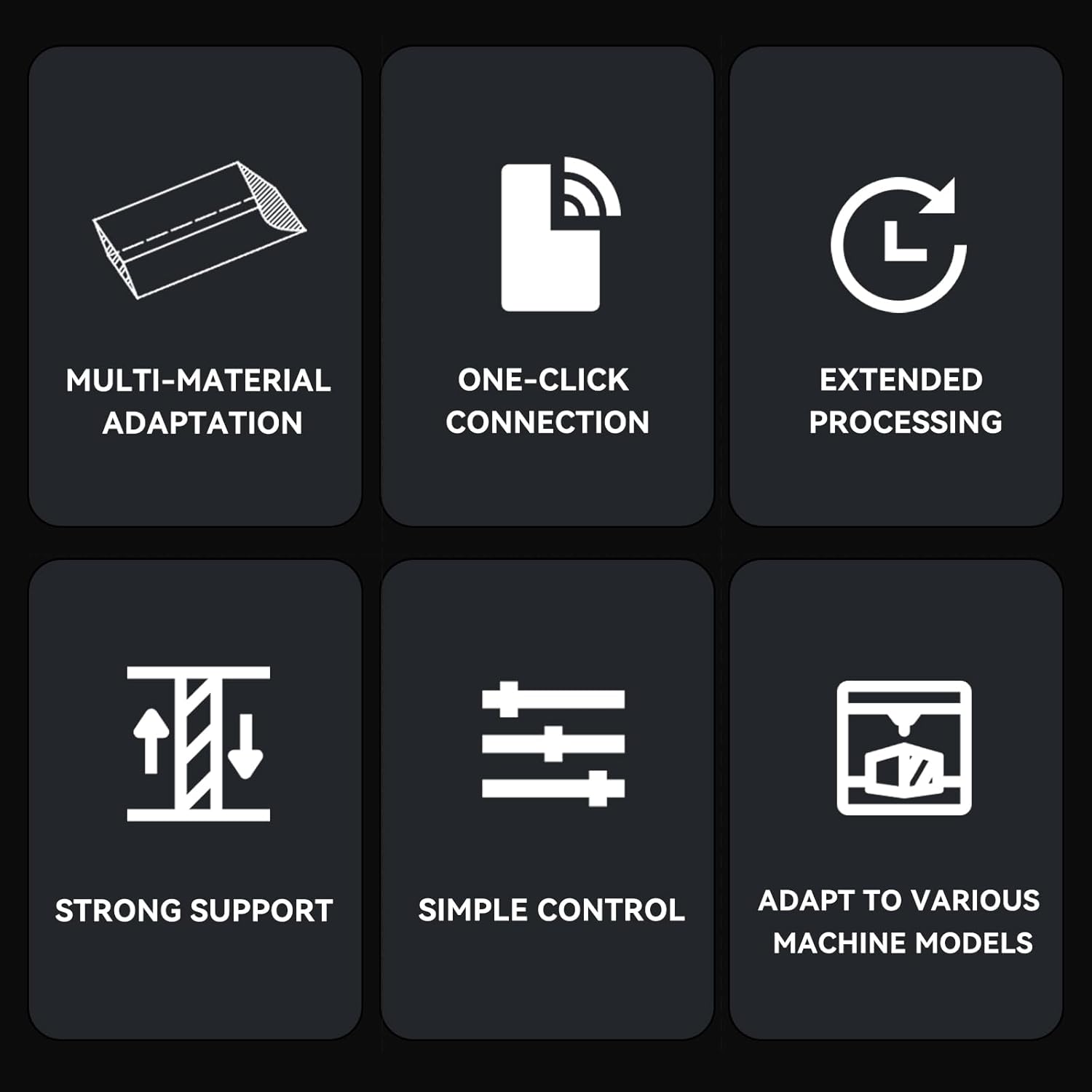 - MULTI-MATERIAL ADAPTATION
- ONE-CLICK CONNECTION
- EXTENDED PROCESSING
- STRONG SUPPORT
- SIMPLE CONTROL
- ADAPT TO VARIOUS MACHINE MODELS